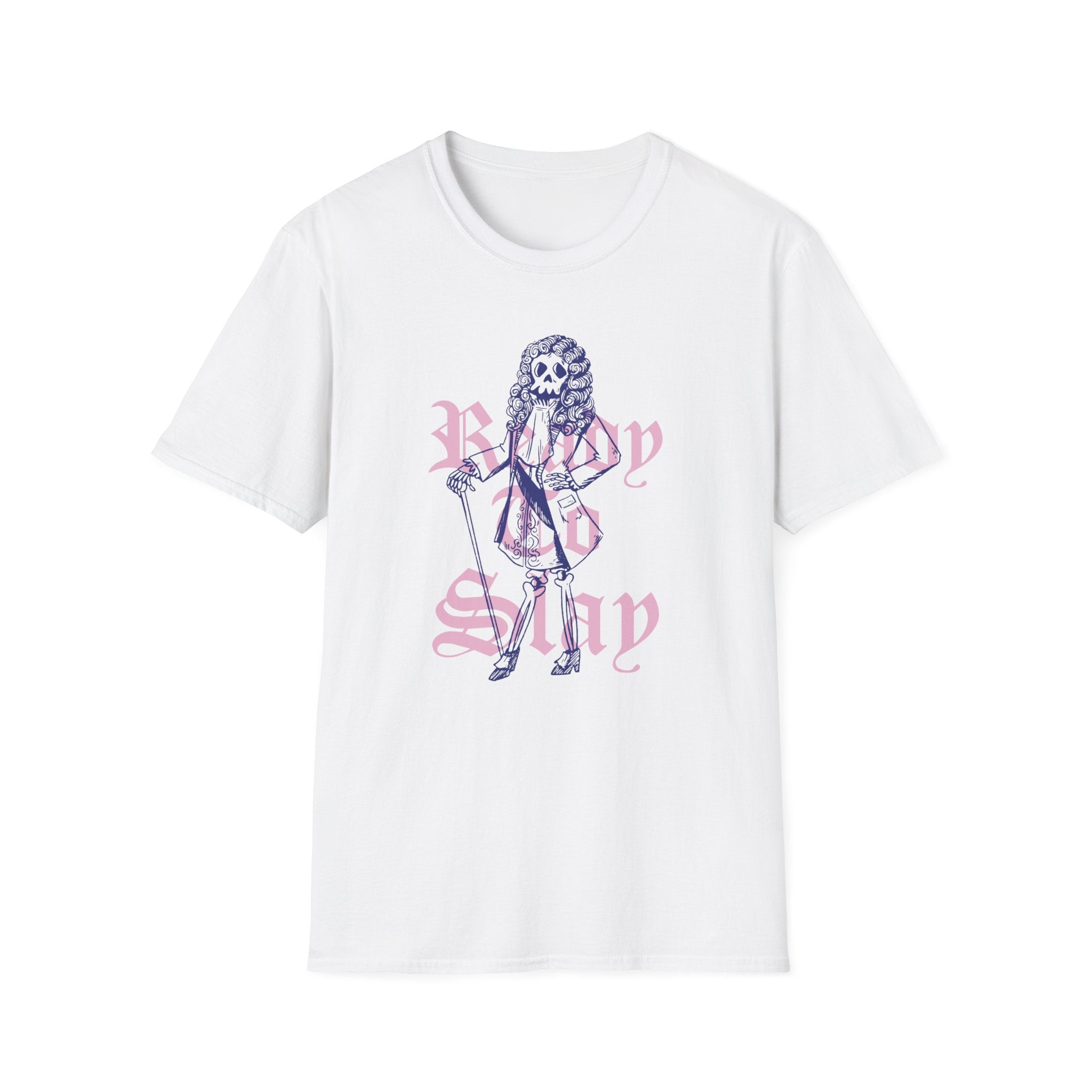 The Ready to Slay T-Shirt is crafted from a comfortable cotton blend. It features a white T-shirt with a graphic of a skeleton in a suit and cane, with "Rudy Sully" printed in pink Gothic font.