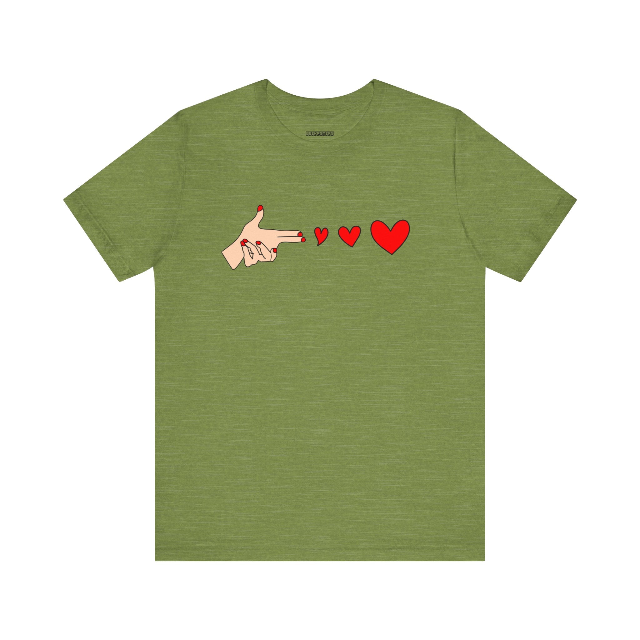 Ultra-soft Bang Bang T-Shirt in green, showcasing a bold hand graphic making a gun gesture with three sequential red hearts shooting out.