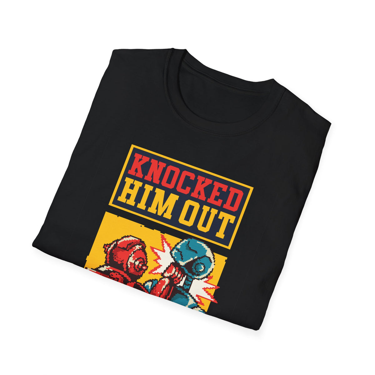 "Knocked Him Out" robot boxing t-shirt in black, folded flat lay showing print, funny gamer gift