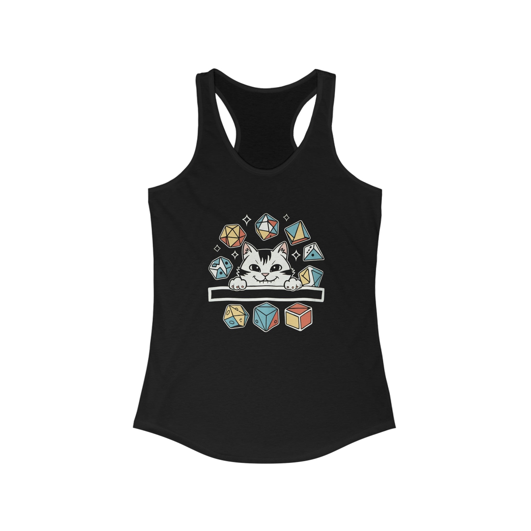 The Cat Dice - Women's Racerback Tank in black showcases a stylish illustration of a cat surrounded by colorful polyhedral dice, making it ideal for both fitness enthusiasts and tabletop gamers.