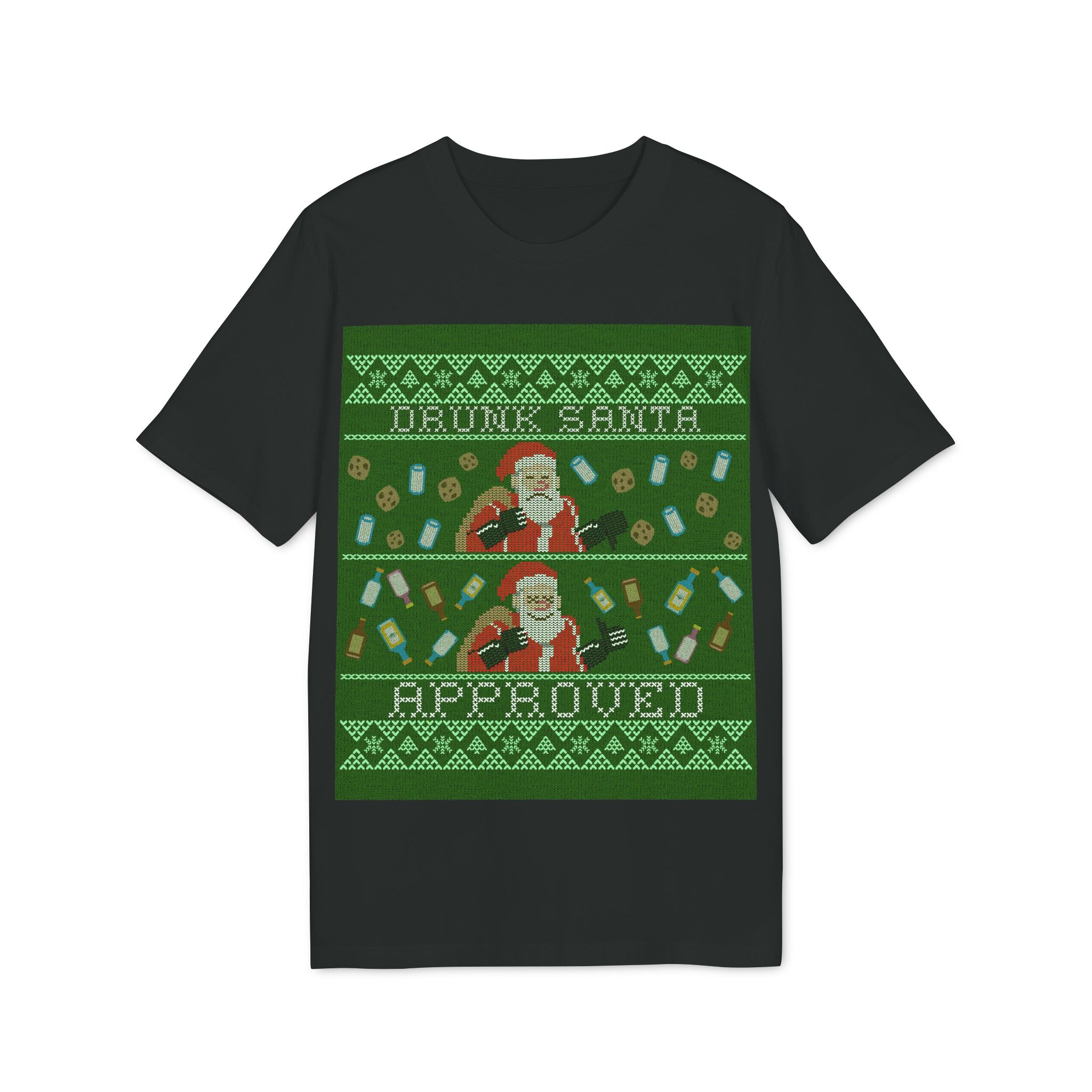 The Drunk Santa - Organic T-Shirt features a pixel art Santa with bottles and cookies and "DRUNK SANTA APPROVED" in green text—great for code ninjas seeking a fun, festive style.