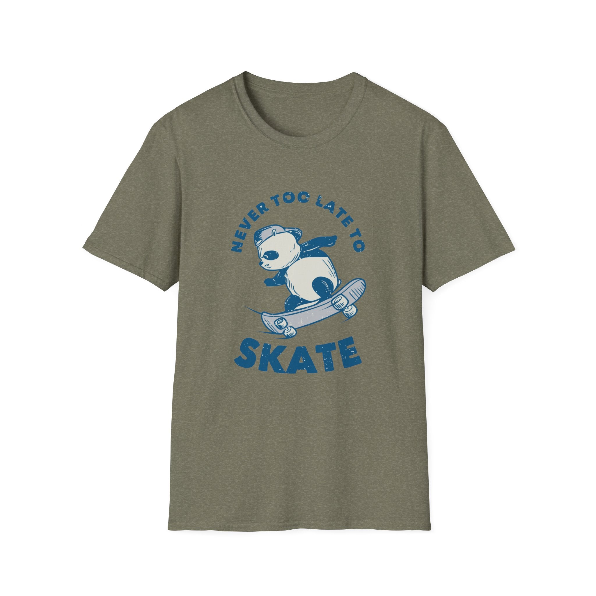 Olive green "Never Too Late to Skate" T-shirt showcasing a bear skateboarding graphic and bold blue lettering, ideal for skate enthusiasts.