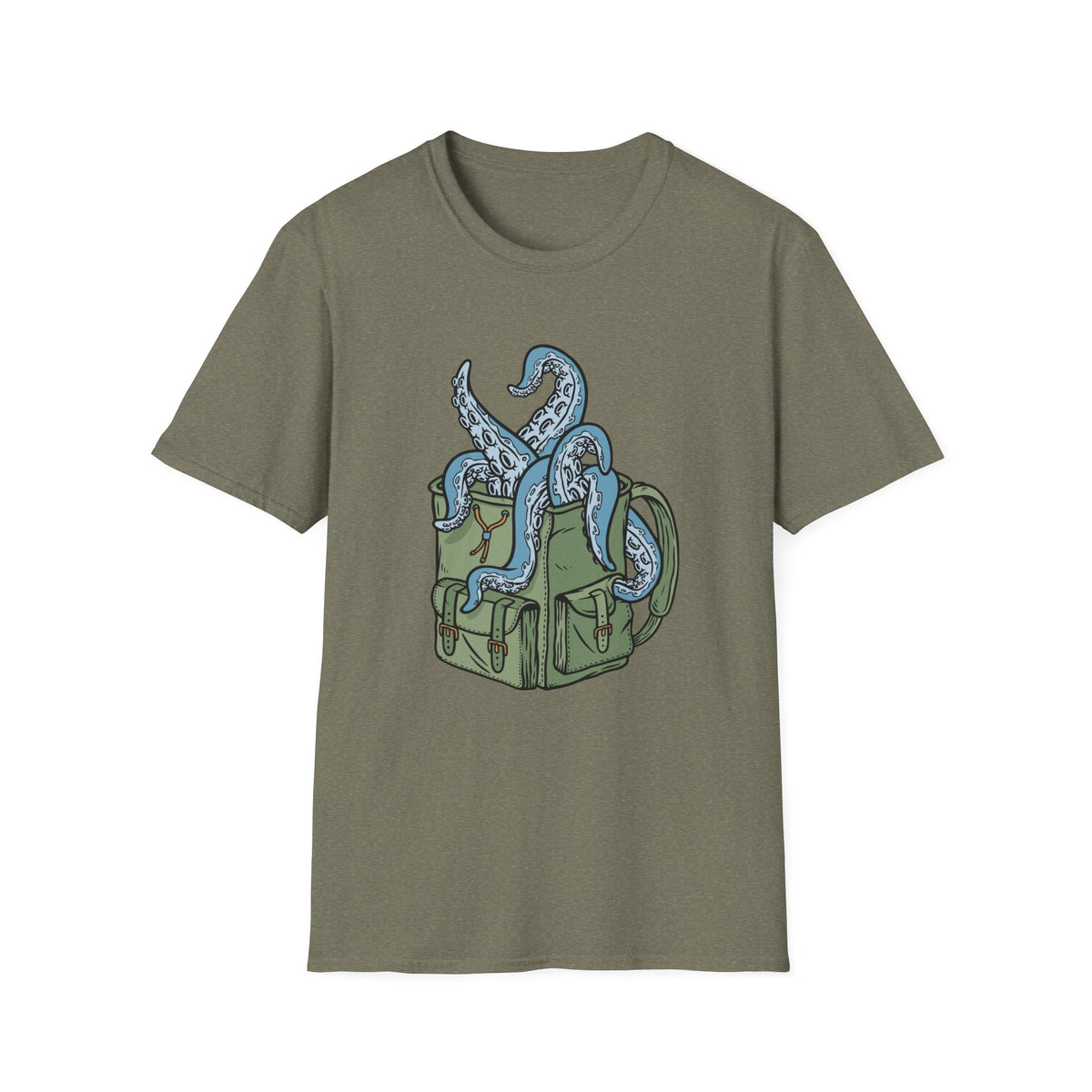 'Octopus Comes Out of the Bag' t-shirt in heather military green, flat lay front, camping gift idea