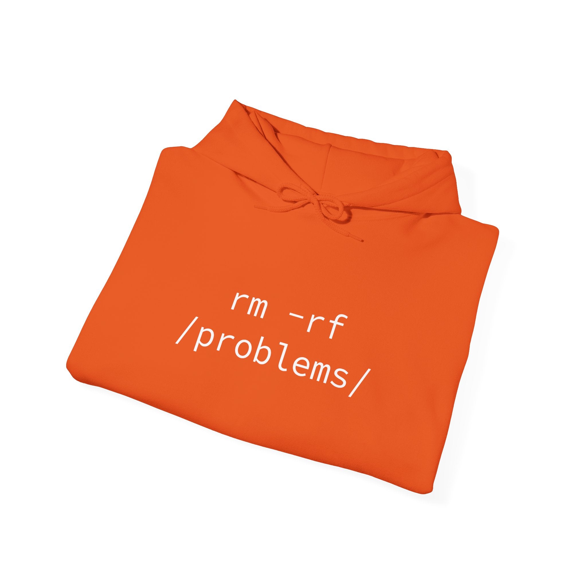 The "RMRF Problems" hooded sweatshirt, designed with a classic fit, showcases the text printed in white on the front.