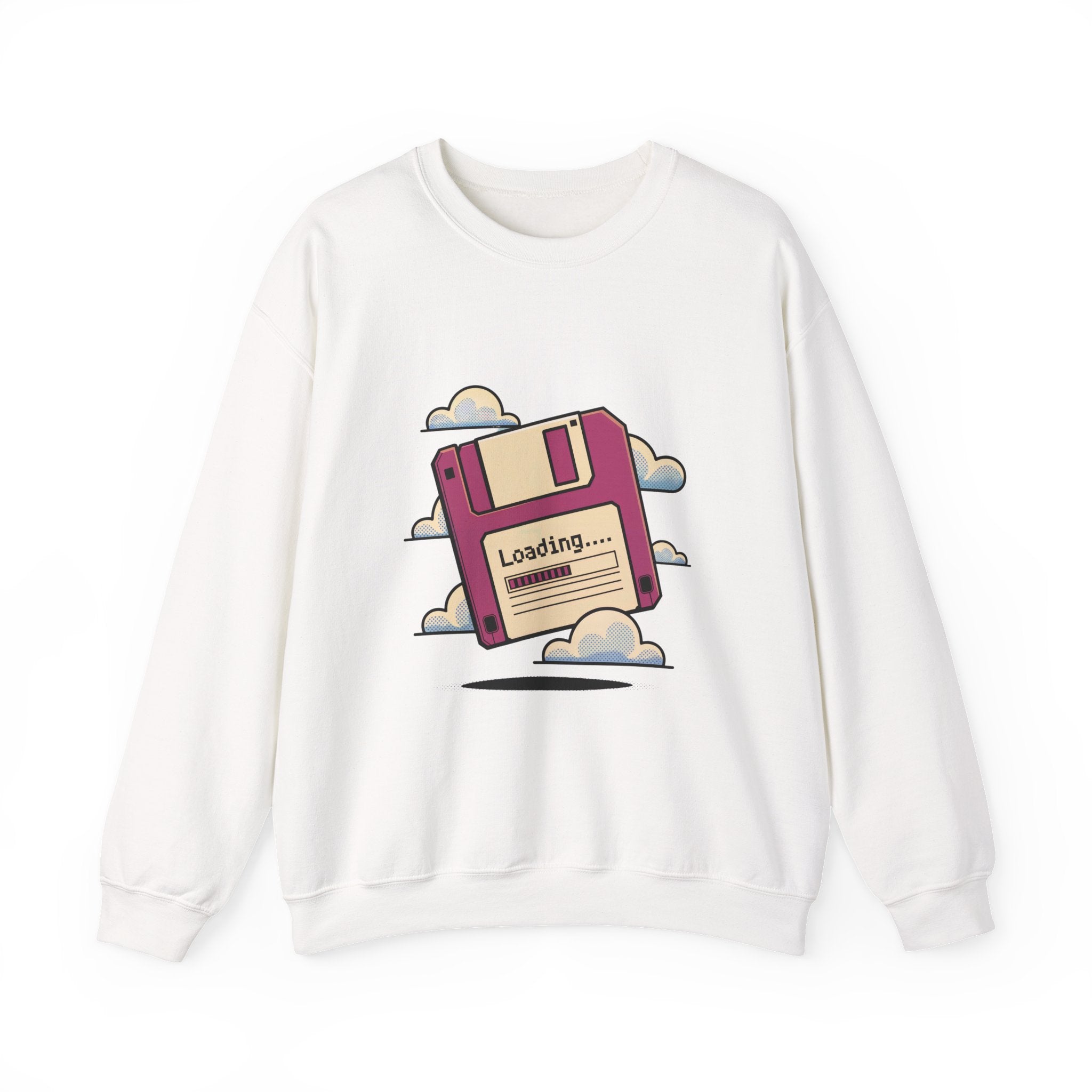 The Floppy disk - Sweatshirt is a white heavyweight cotton top featuring a floppy disk illustration with "Loading..." surrounded by clouds—perfect for fans of geek chic style.
