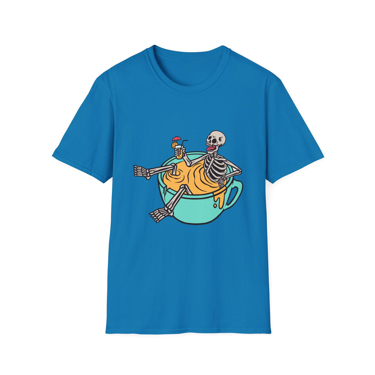 'Relaxing Skull' skeletons in a teacup t-shirt in sapphire blue, funny gift for coffee lovers