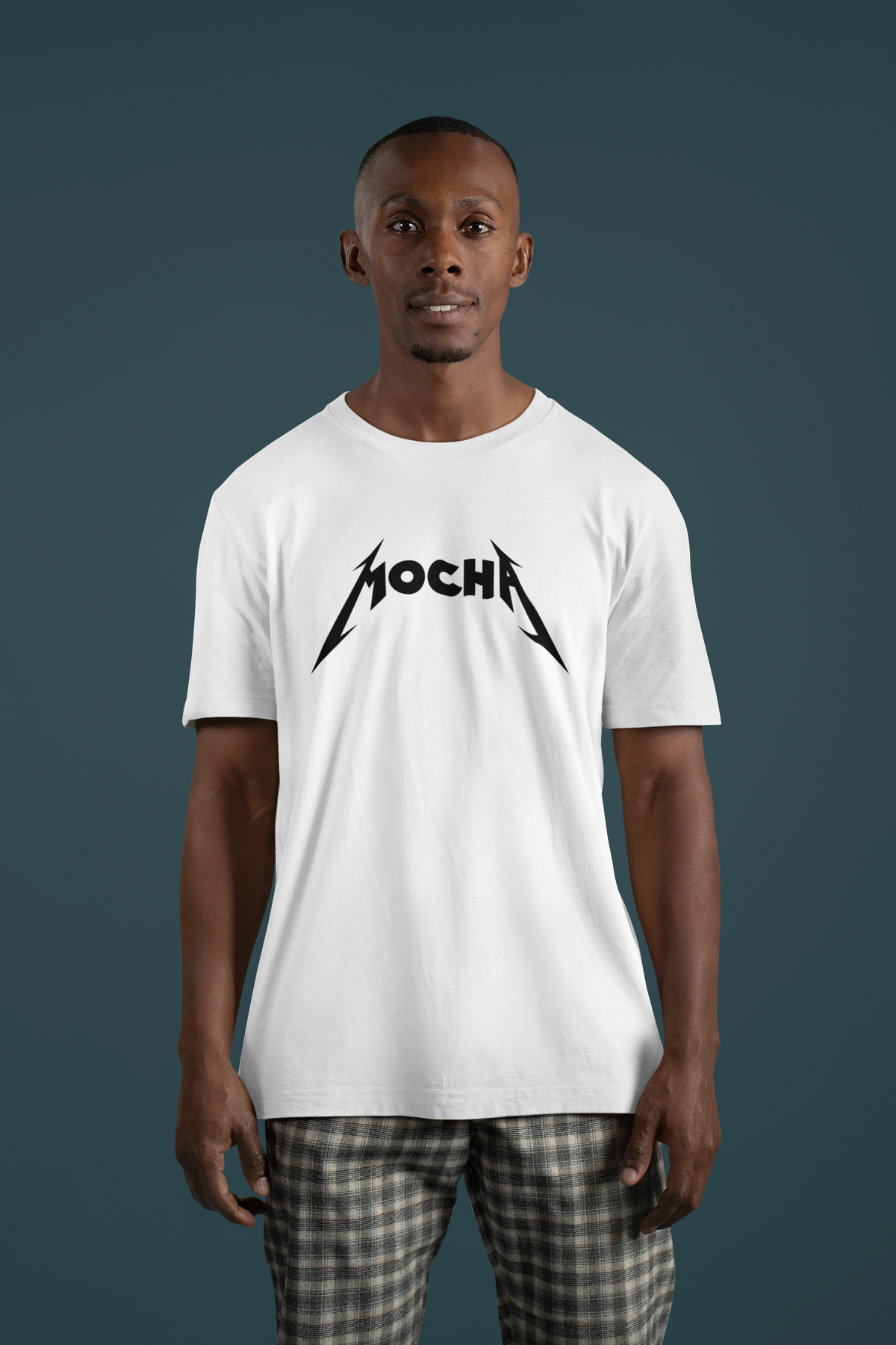 'Mocha' band logo T-shirt in white, man wearing it against a teal backdrop, funny coffee lover gift