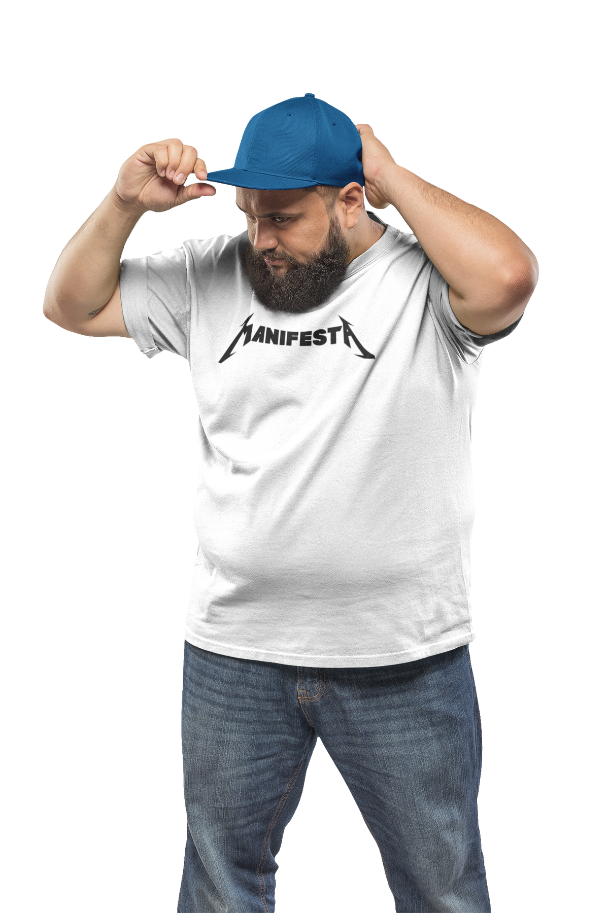 'Manifesta' band logo T-shirt in white, bearded man in cap adjusting it, black background