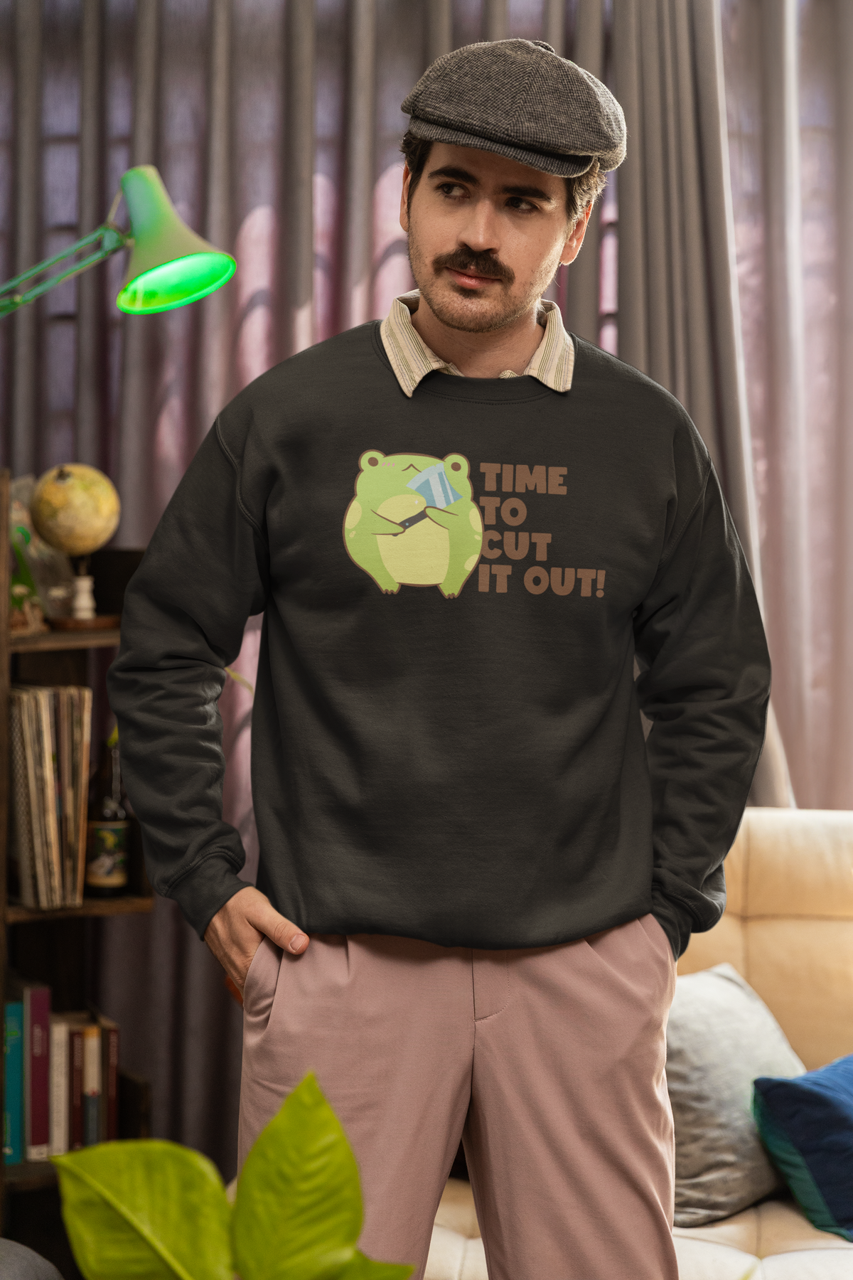 'Time to Cut It Out' frog sweatshirt in charcoal, mustached man wearing it, funny science pun gift