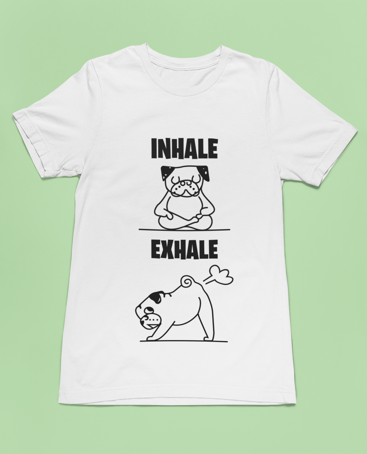 'Dog Funny' yoga pug T-shirt in white, woman wearing it against a navy backdrop, funny gift tee