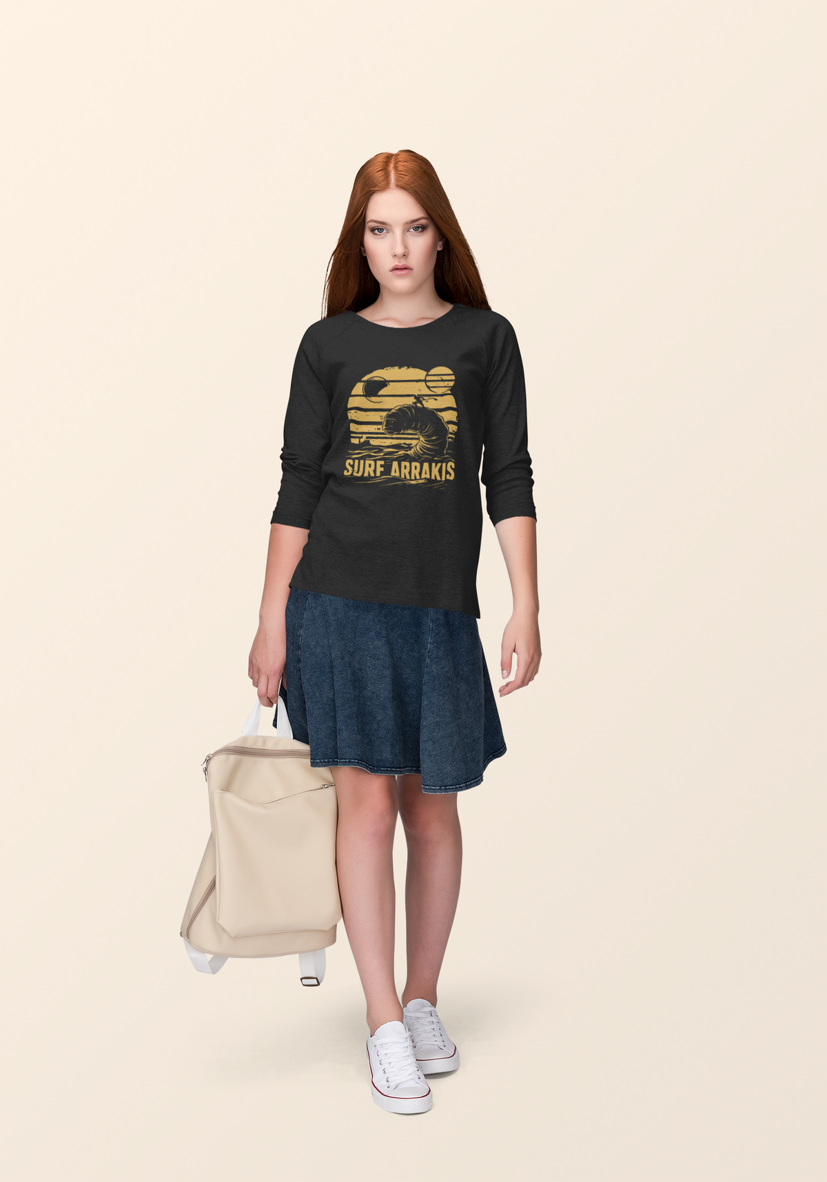 Surf Arrakis sandworm sweatshirt in black, woman wearing it with a skirt, lifestyle photo, funny gift