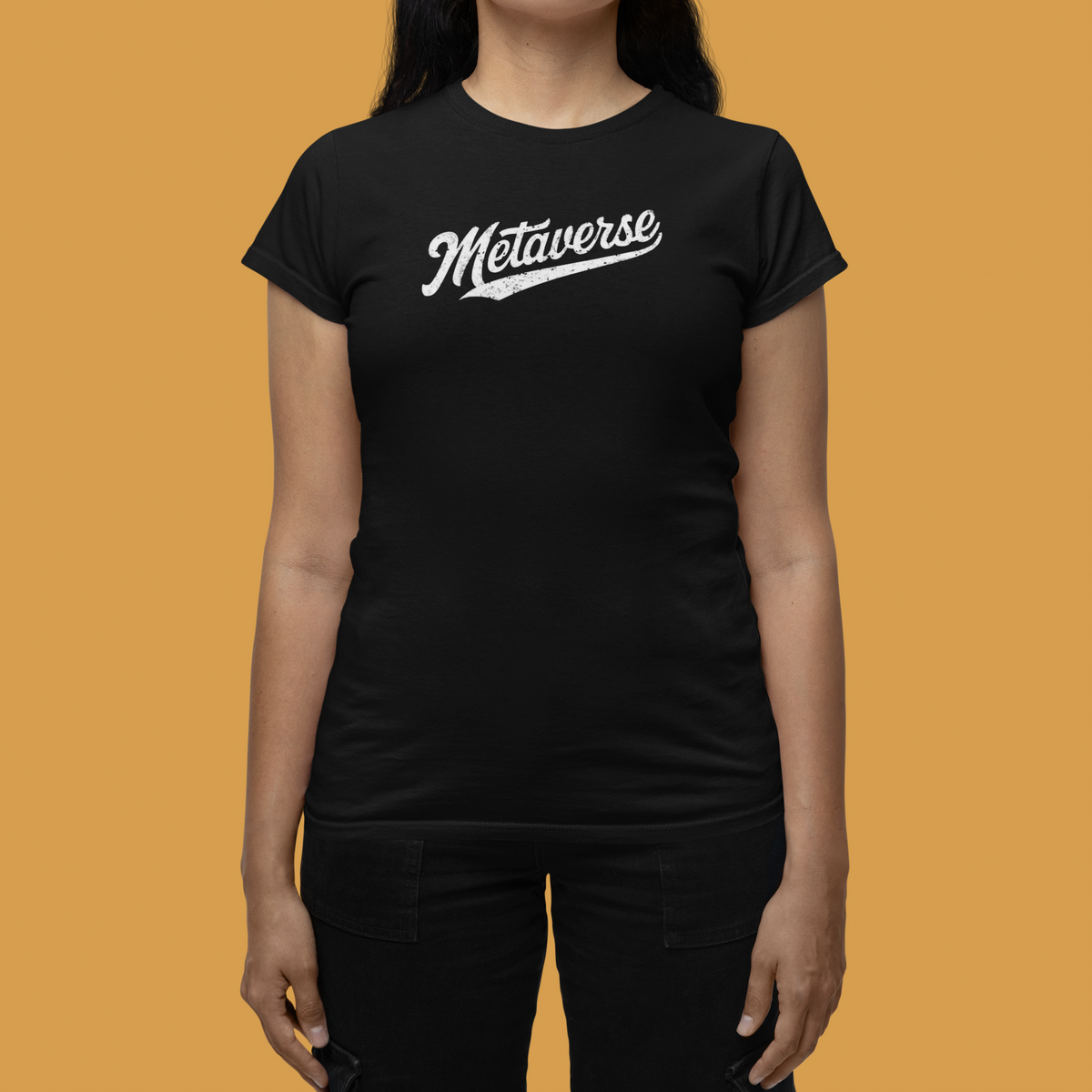 Metaverse script logo t-shirt in black, close up of woman wearing it, trendy graphic gift for her