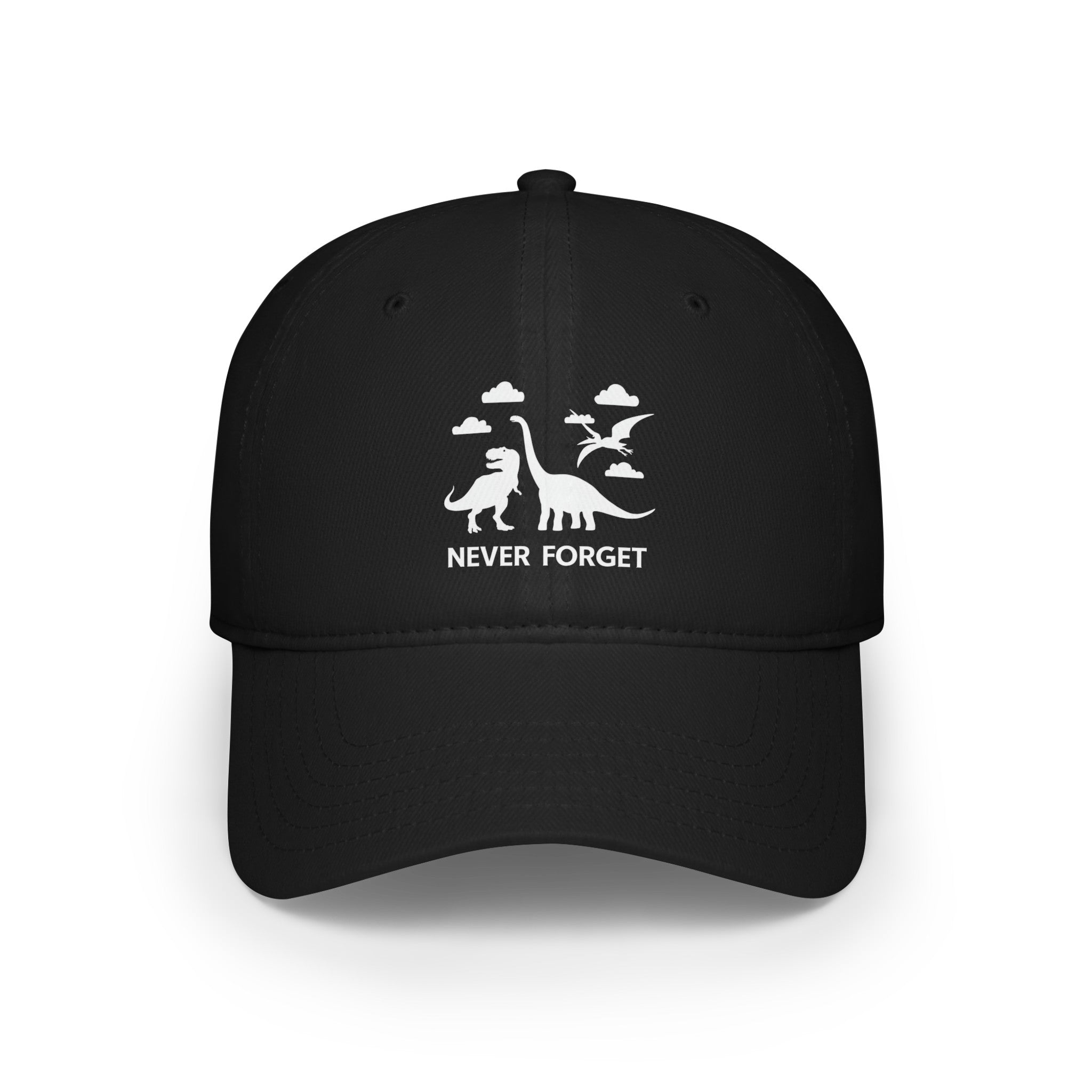 The "Never Forget - Hat" features a black baseball cap adorned with white dinosaur graphics and the words "NEVER FORGET" printed on the front. Crafted from durable 100% cotton fabric, it seamlessly blends style and resilience for everyday wear.