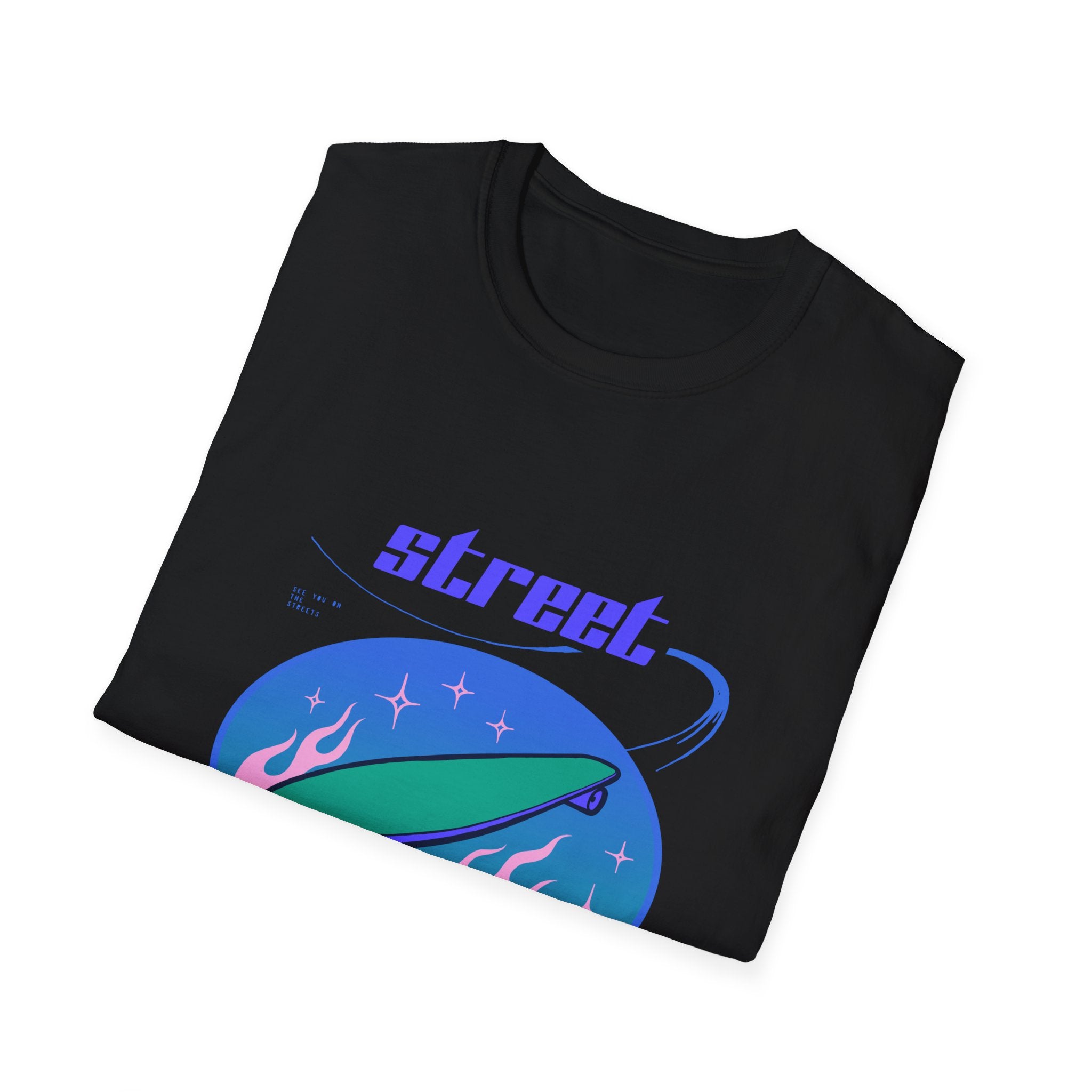 Effortlessly cool and lightweight, the folded Street Skater T-Shirt in black boasts bold "street" text alongside a flaming skateboard graphic, making it ideal for highlighting your skate skills.