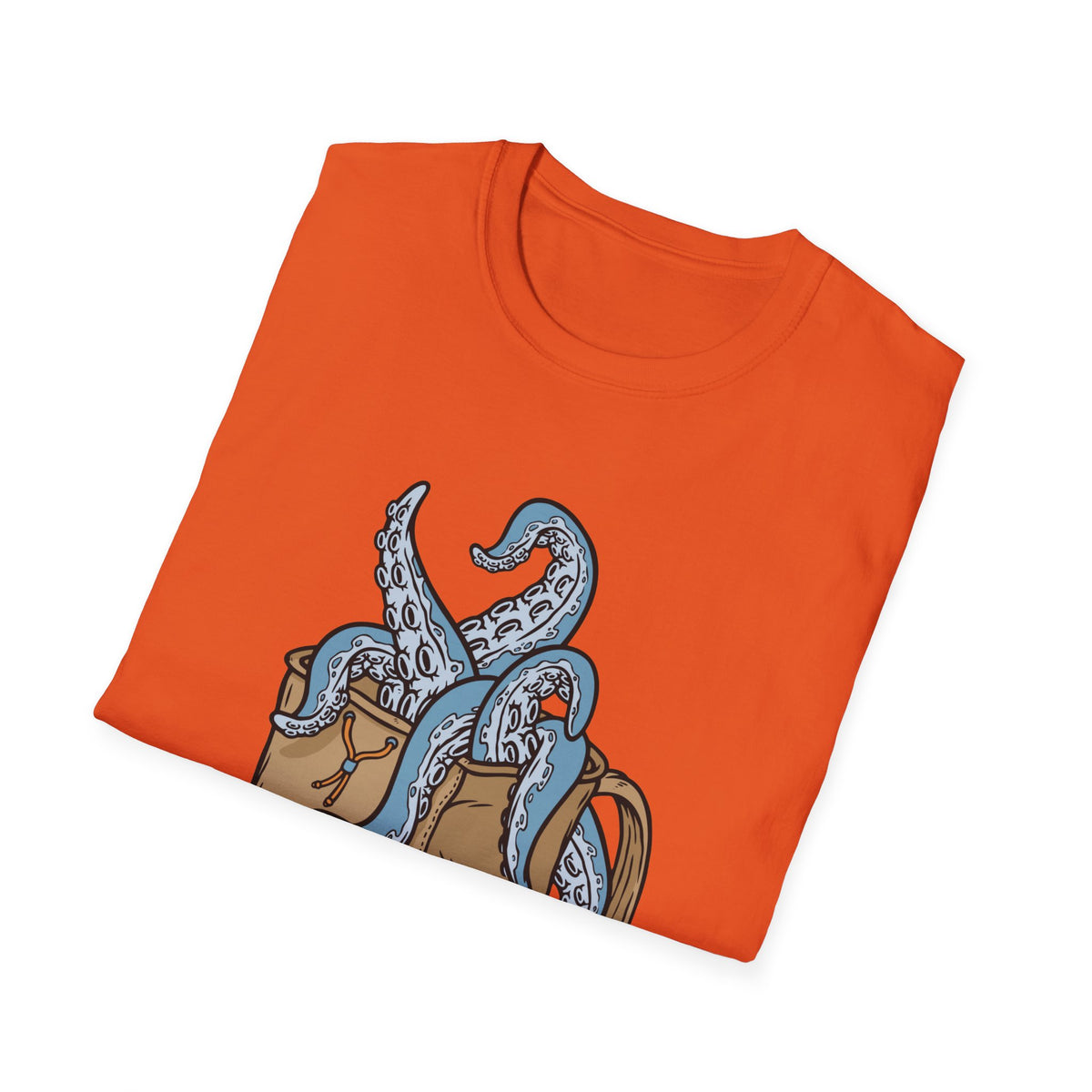 'Octopus Comes Out of the Bag' t-shirt in orange, folded flat lay, funny gift for backpackers and hikers