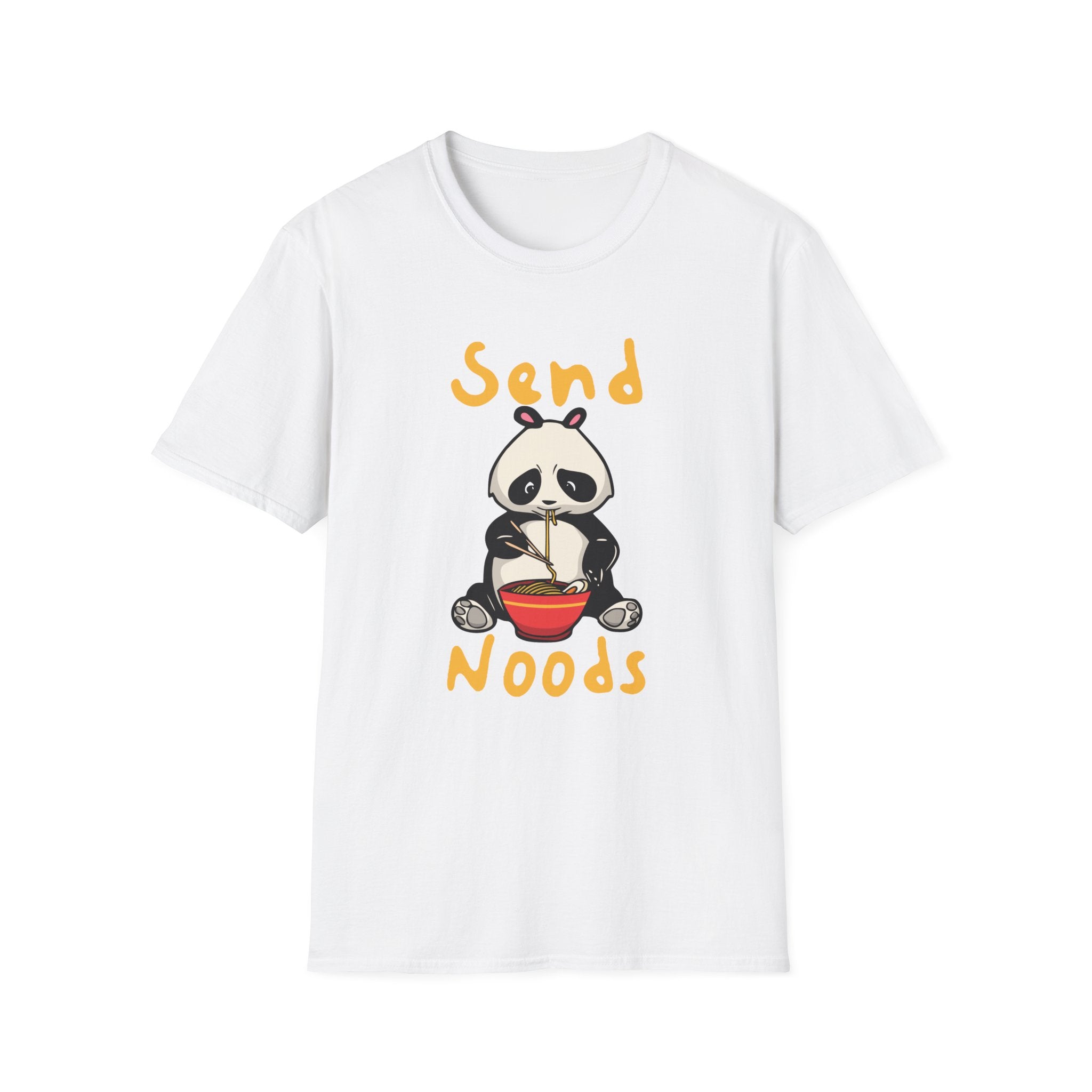 Chic white "Send Noods" T-shirt showcasing a playful cartoon panda enjoying noodles, with the humorous phrase in bold orange text.