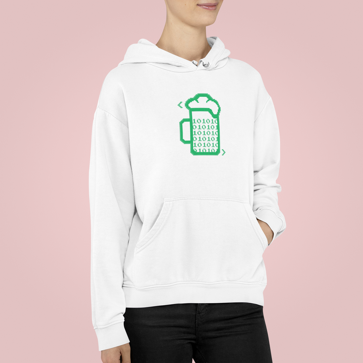 Beer Code binary mug hoodie in white, woman wearing it on pink backdrop, funny gift for her