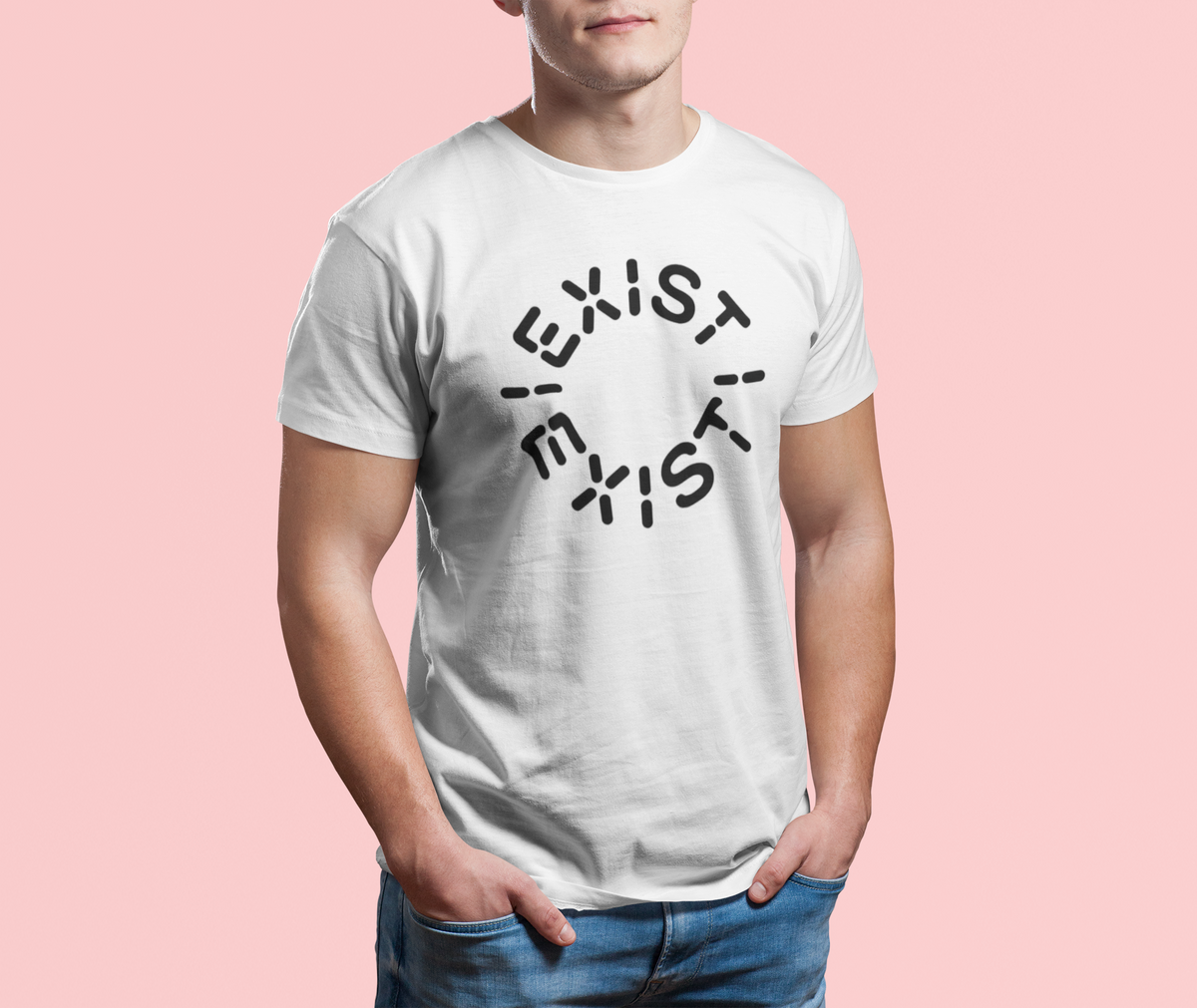 'Exist Exist' t-shirt in white, man wearing it on pink background, minimalist typography gift for introverts