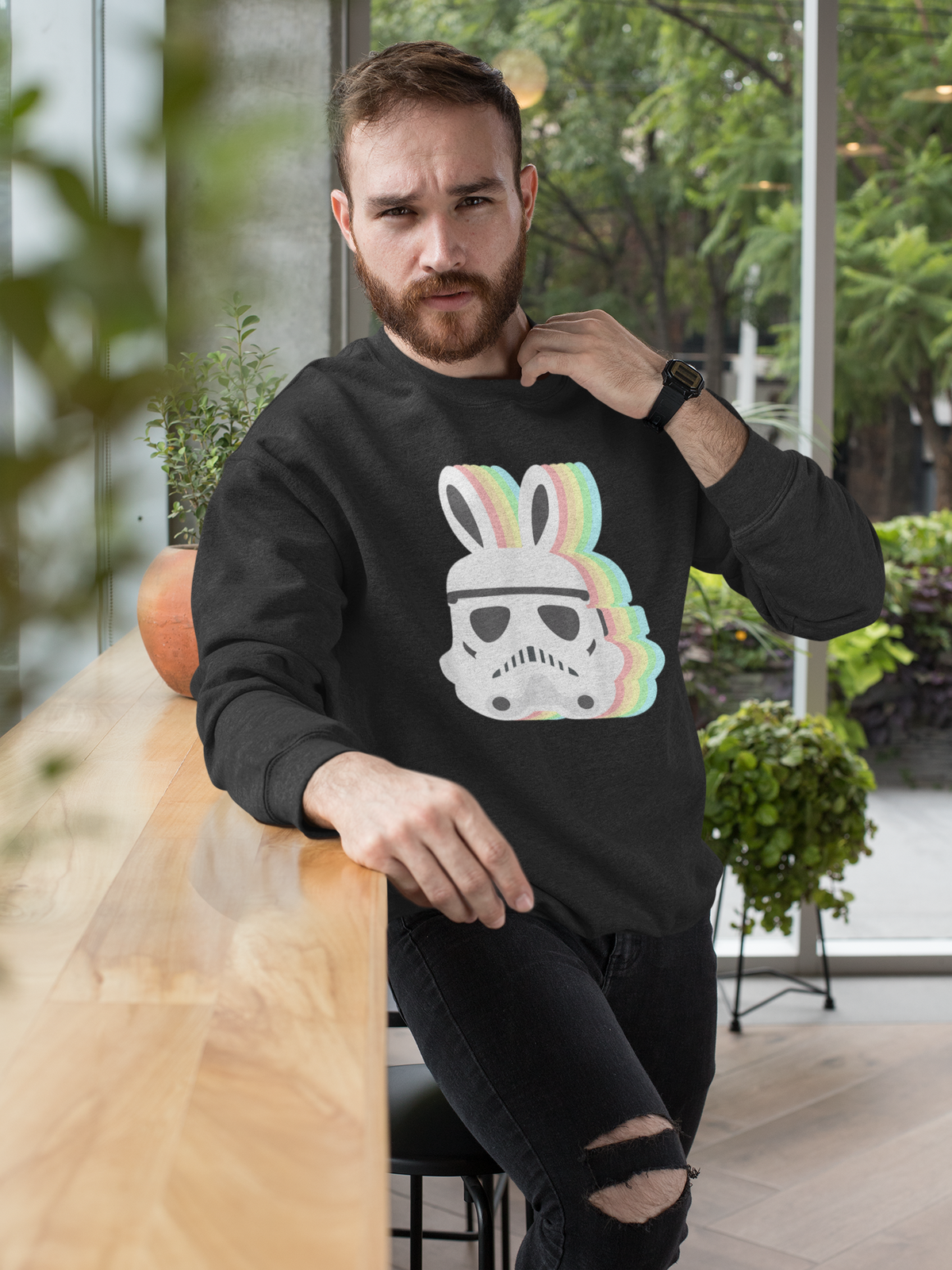 Star Wars Easter Stormtrooper Sweatshirt in black, bearded man wearing it, funny Easter sci-fi gift