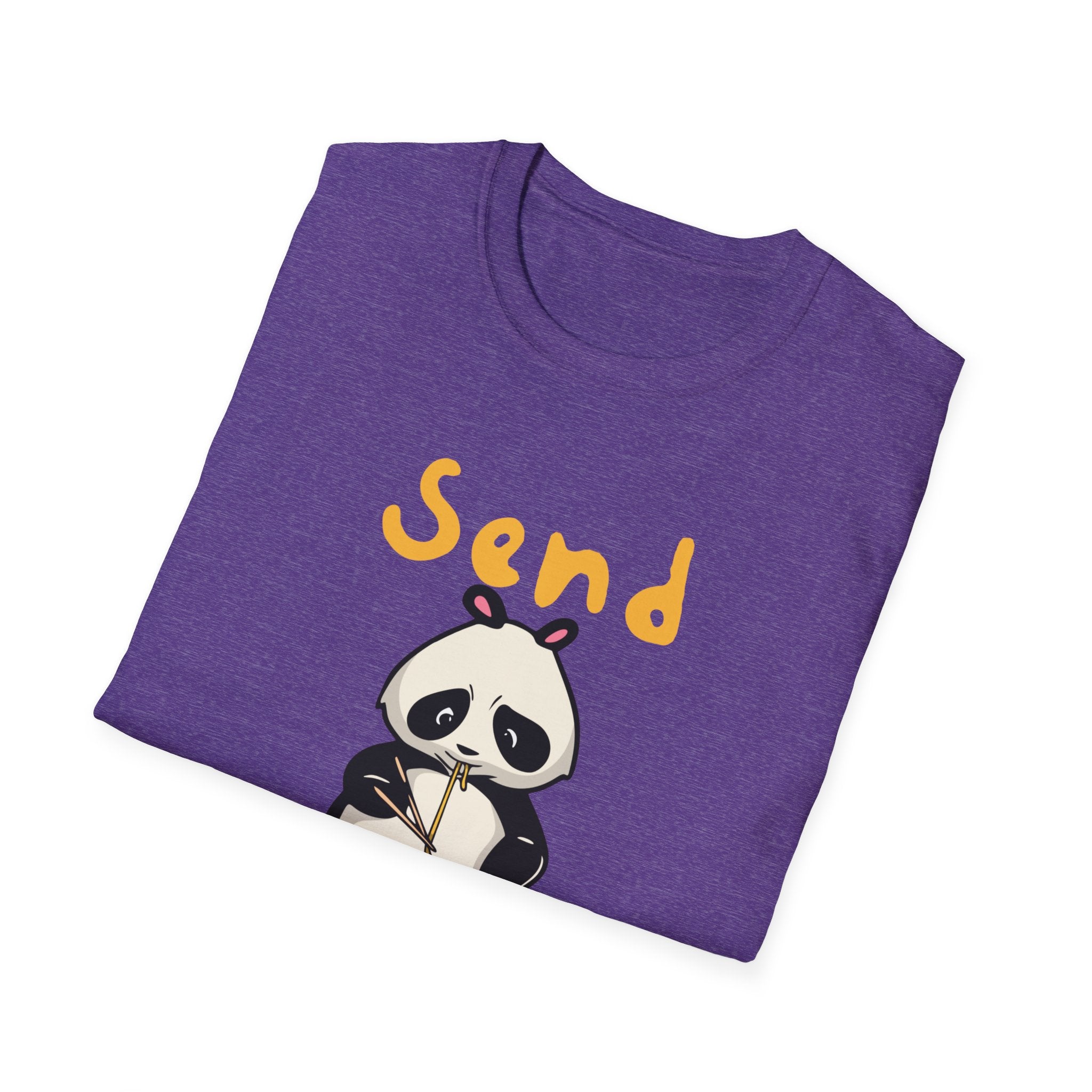 The Send Noods T-Shirt offers a trendy design with a unique touch, featuring vibrant purple fabric adorned with a playful panda graphic and the humorous phrase "Send Noods" in bold yellow lettering.