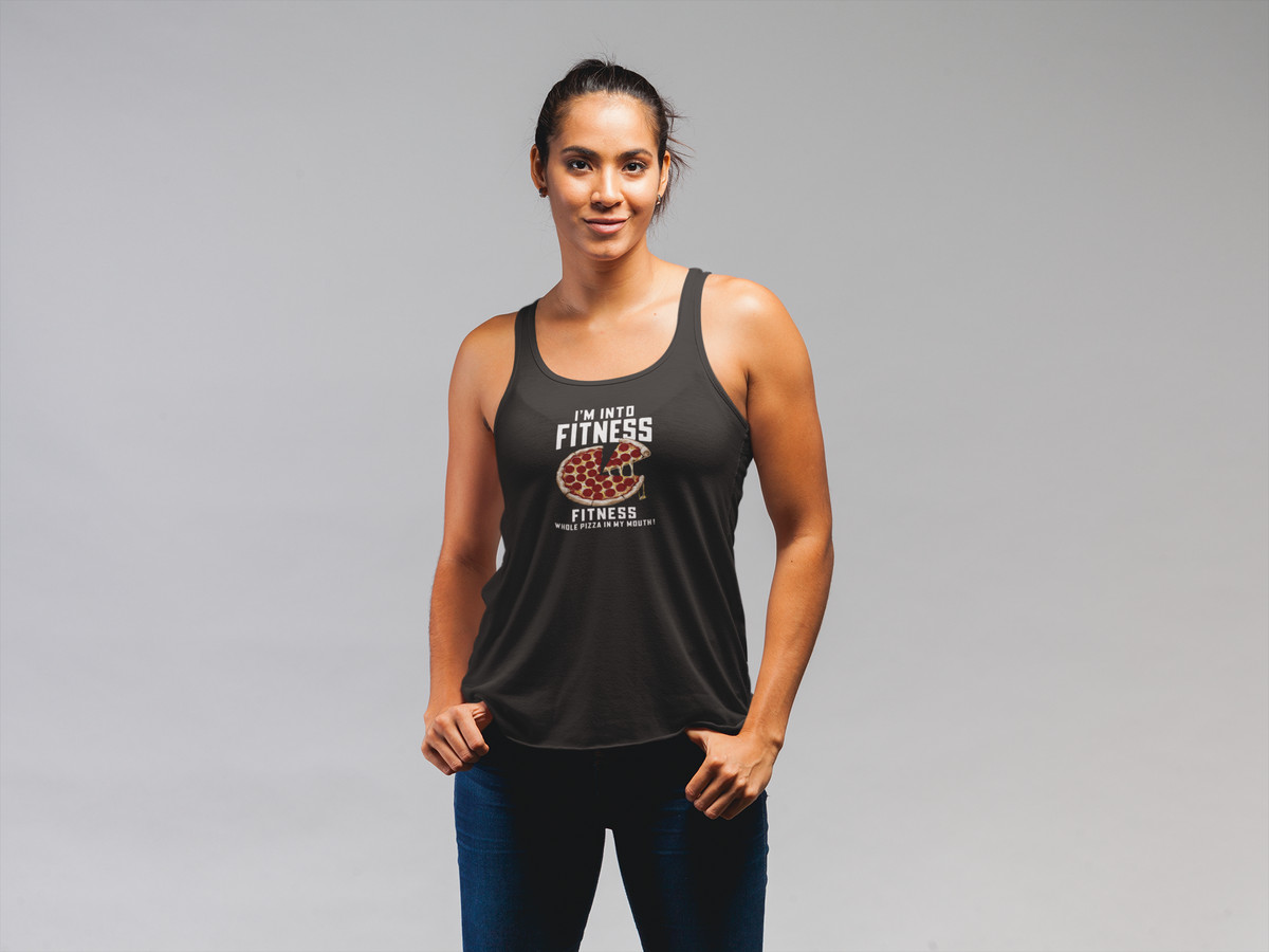 'I'm Into Fitness' pizza tank top in black, woman wearing it in a studio shoot, funny gym humor gift idea
