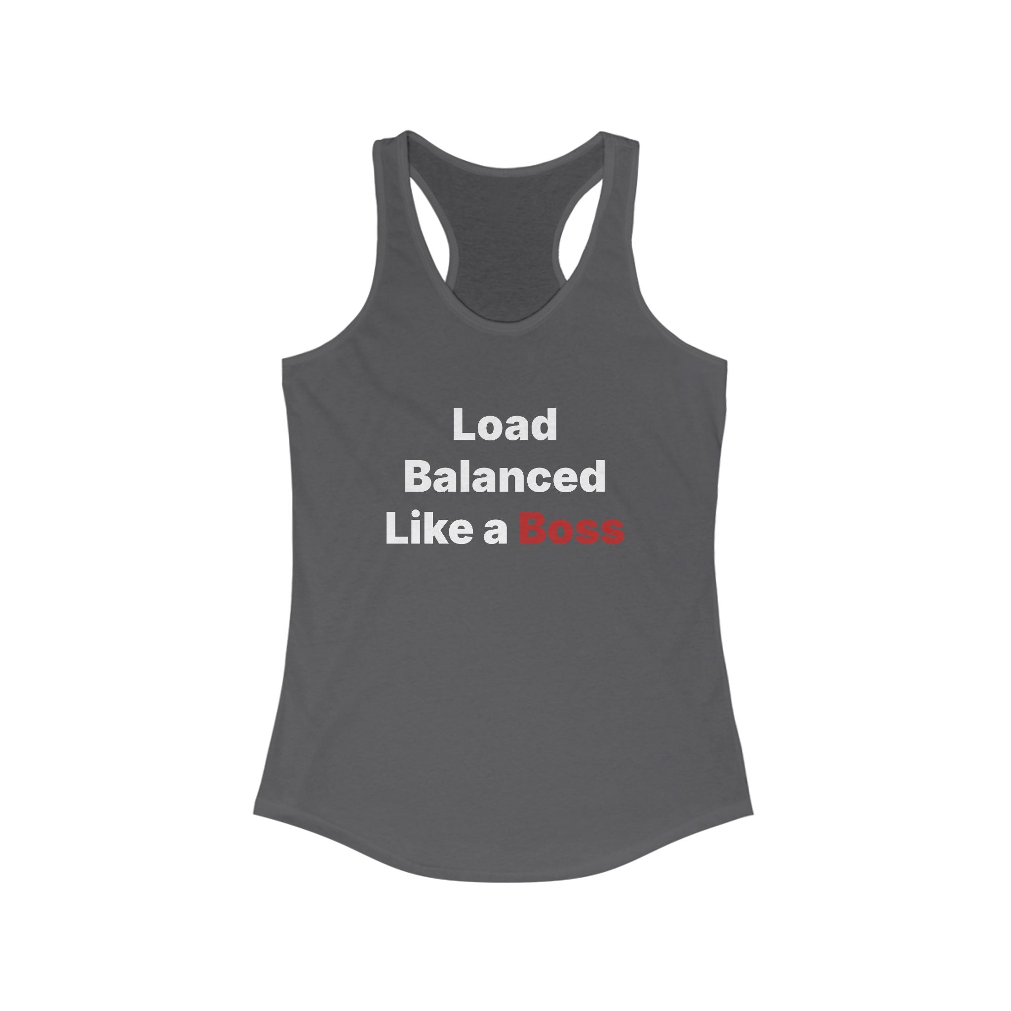 The "Load Balanced Like a Boss" women's racerback tank is crafted for lightweight comfort and features a stylish gray design with the phrase boldly printed in white and red. It’s perfect for an active lifestyle, seamlessly combining style and functionality.