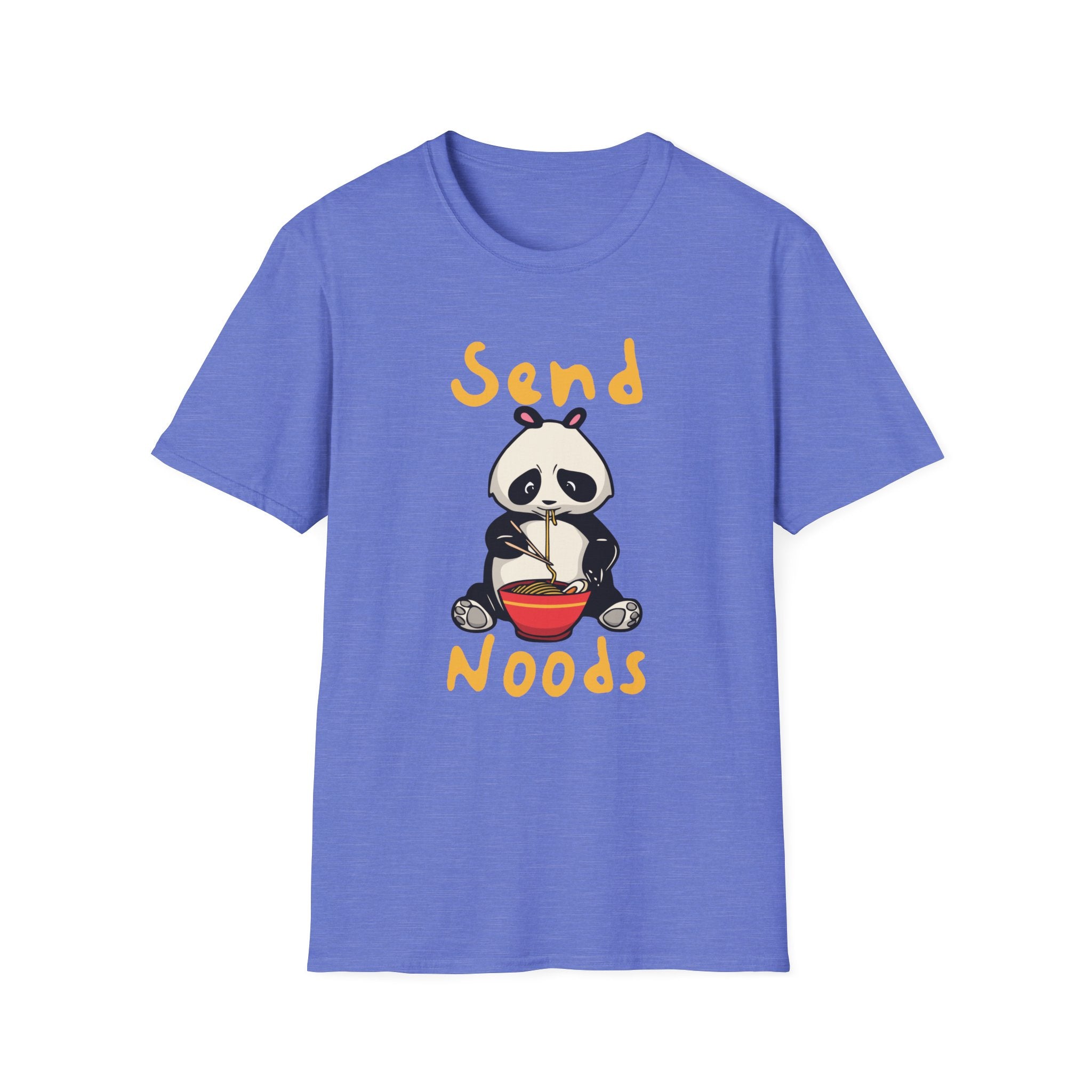 The Send Noods T-Shirt is a blue top that showcases a cartoon panda enjoying noodles, complete with the humorous phrase "Send Noods." It's designed to not only bring joy but also provide a stylish fit for any casual setting.