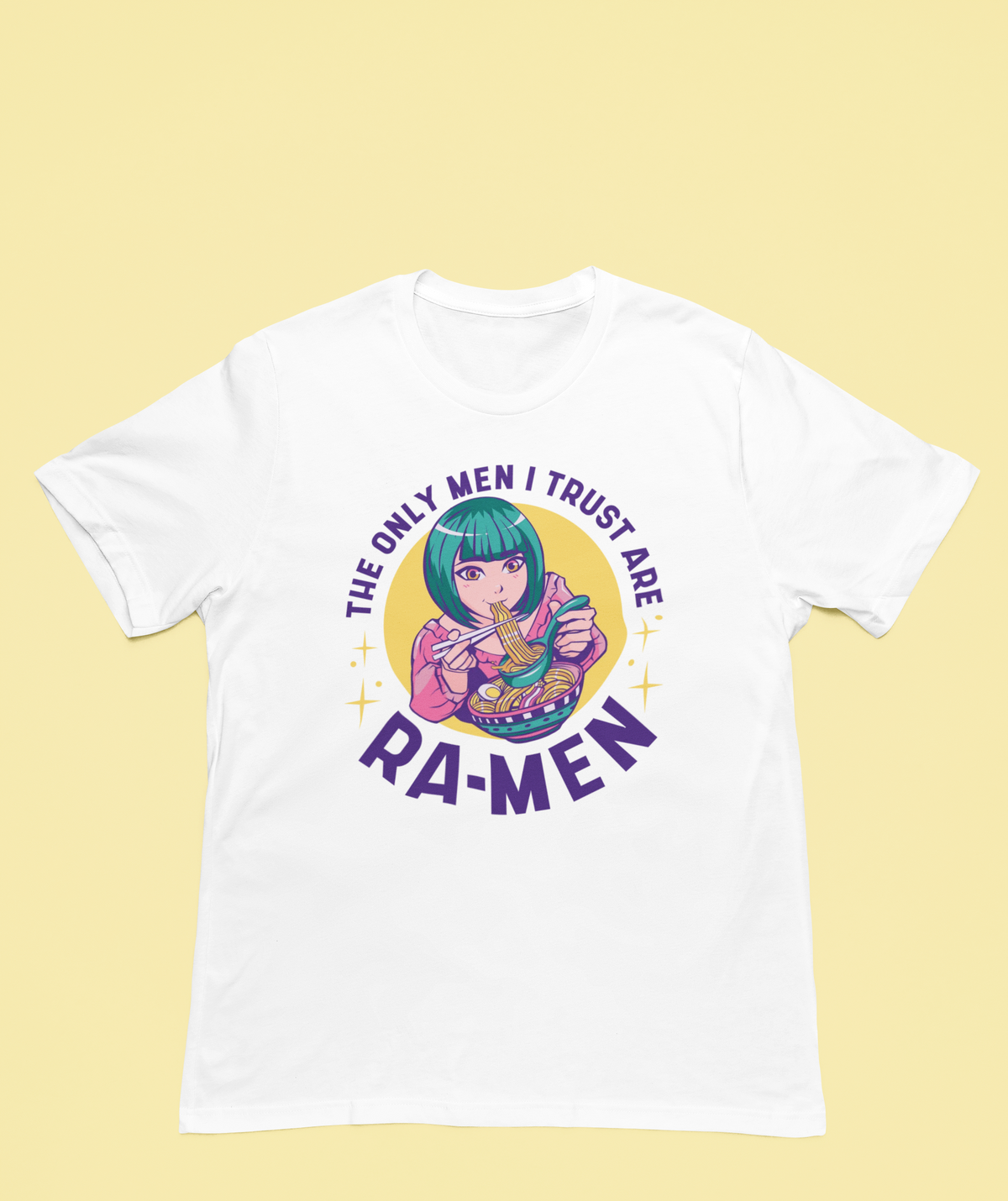 'The Only Men I Trust Are Ra-Men' t-shirt in white, flat lay on a yellow background