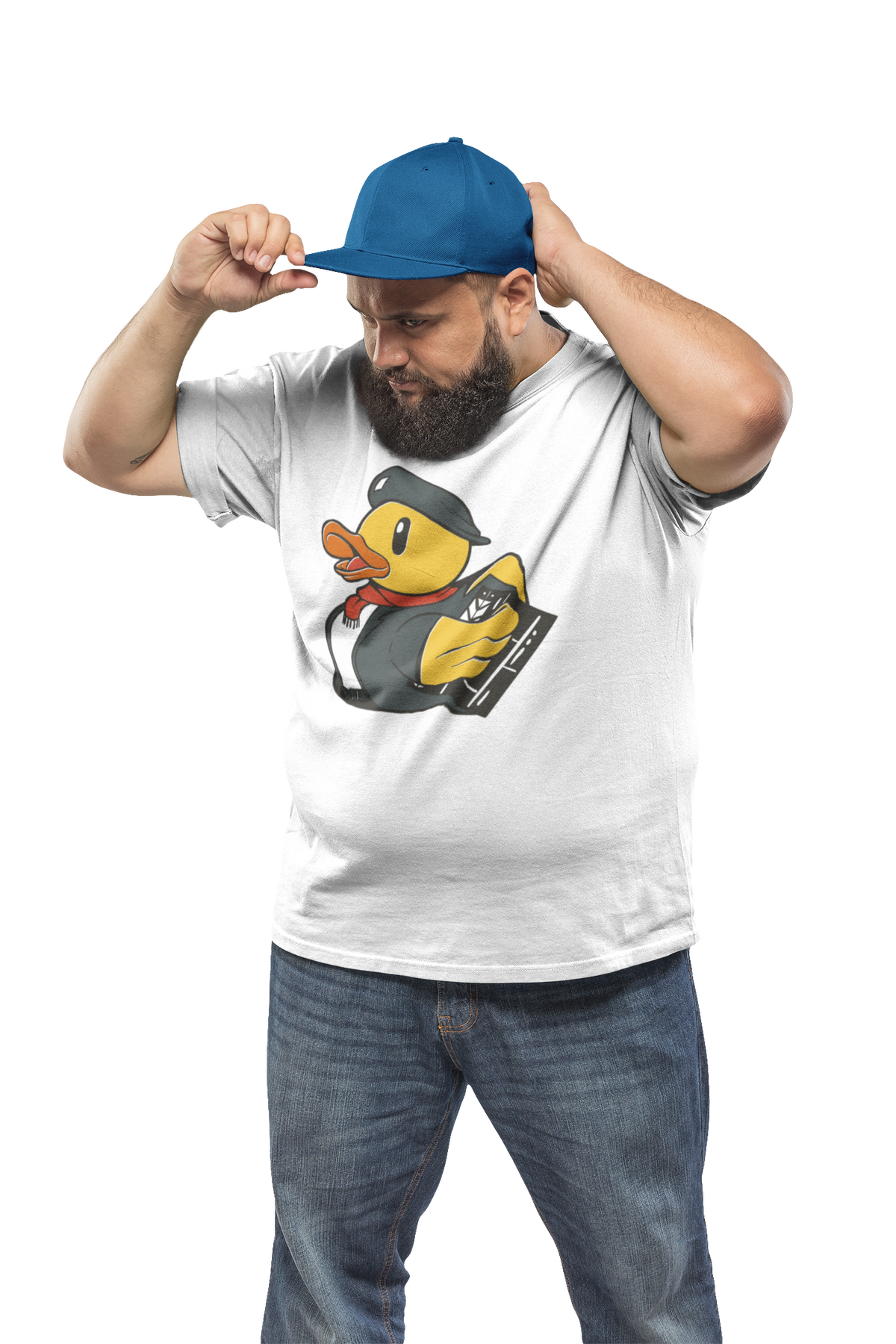 Director duck t-shirt in white, man model wearing it with a blue cap, funny gift for film directors