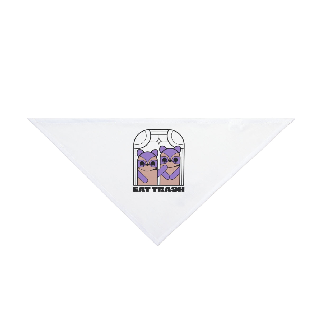 The "Eat Trush - Pet Bandana" is a white triangular accessory featuring two raccoons in a trash can with "EAT TRASH" text—a quirky nod to nerd culture, perfect for tech-savvy pet owners.