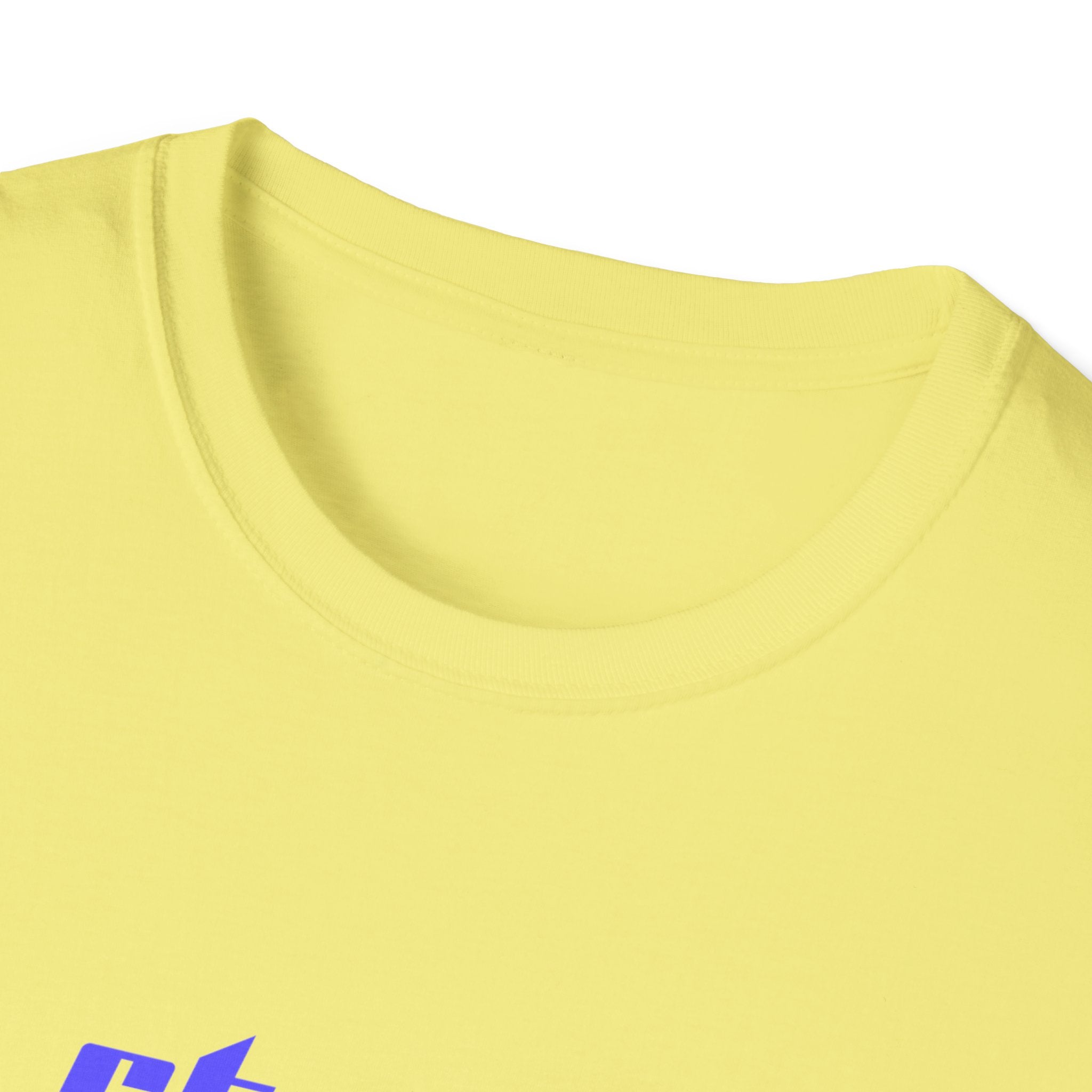 A close-up of the neckline from a yellow Street Skater T-Shirt crafted in lightweight fabric, showcasing partially visible blue lettering.