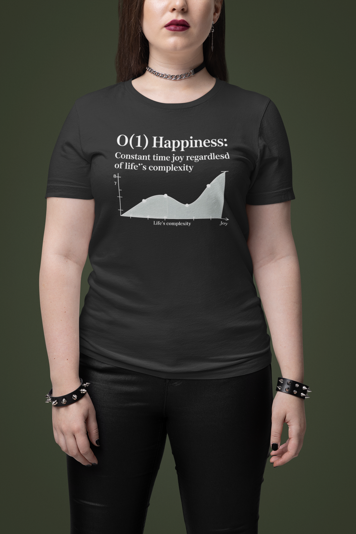 ‘O(1) Happiness’ black tee, woman wearing it, funny algorithm pun gift for developers