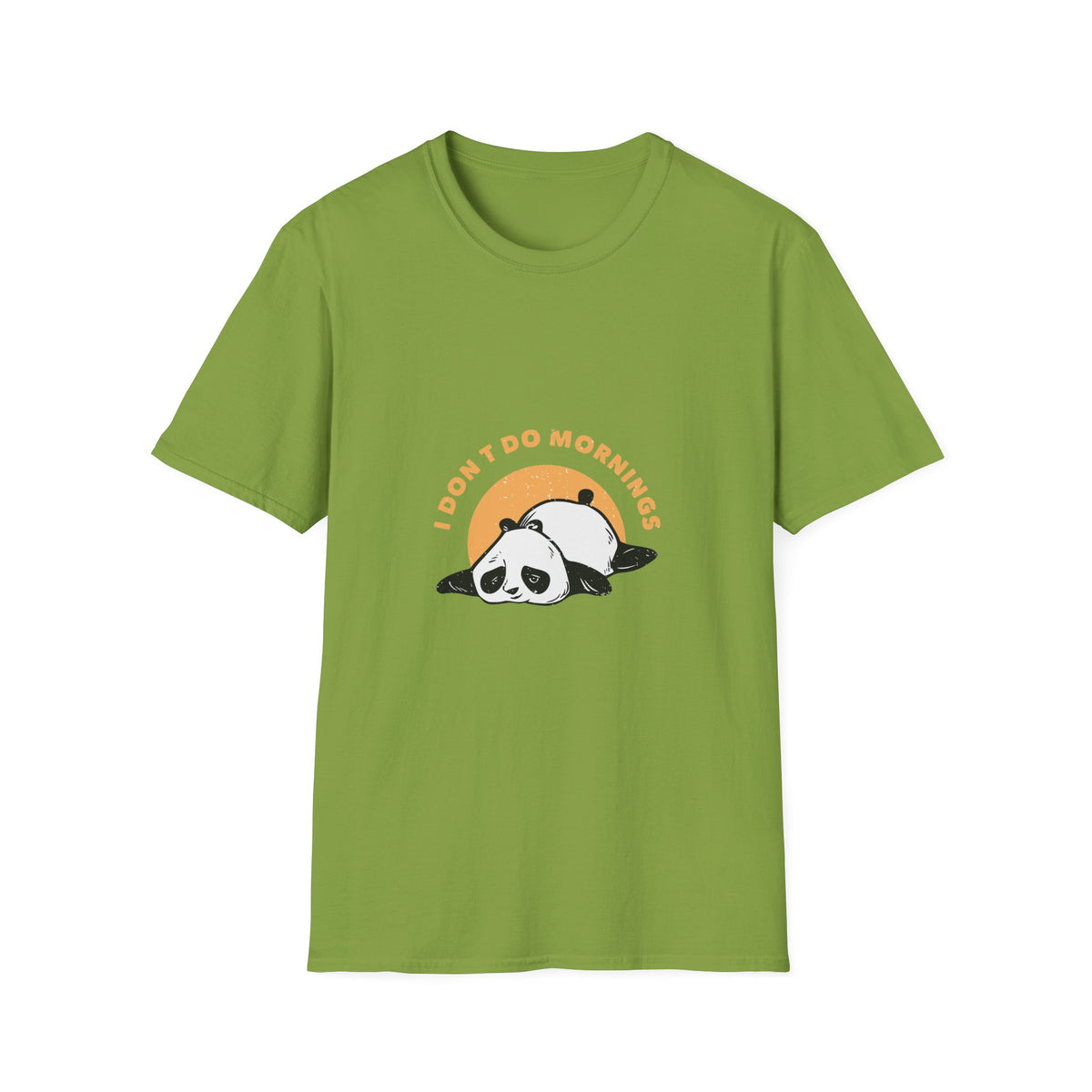 'I Don't Do Mornings' sleepy panda t-shirt in kiwi green, funny gift for tired coffee lovers