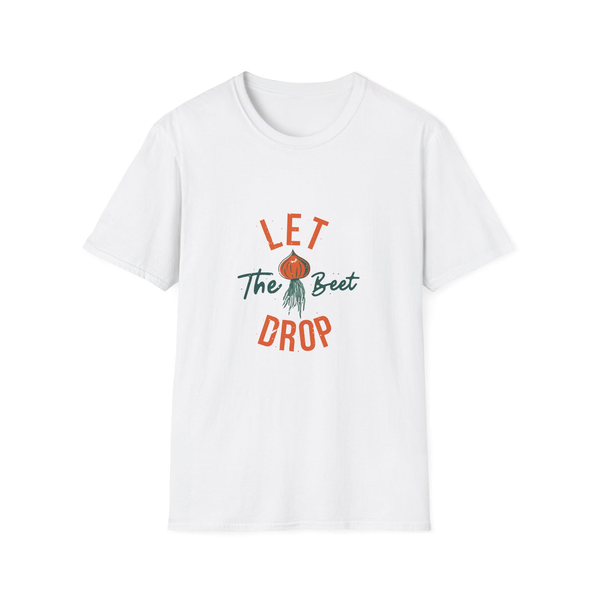 'Let the Beet Drop' funny beet pun t-shirt in white, gift for gardeners and foodies