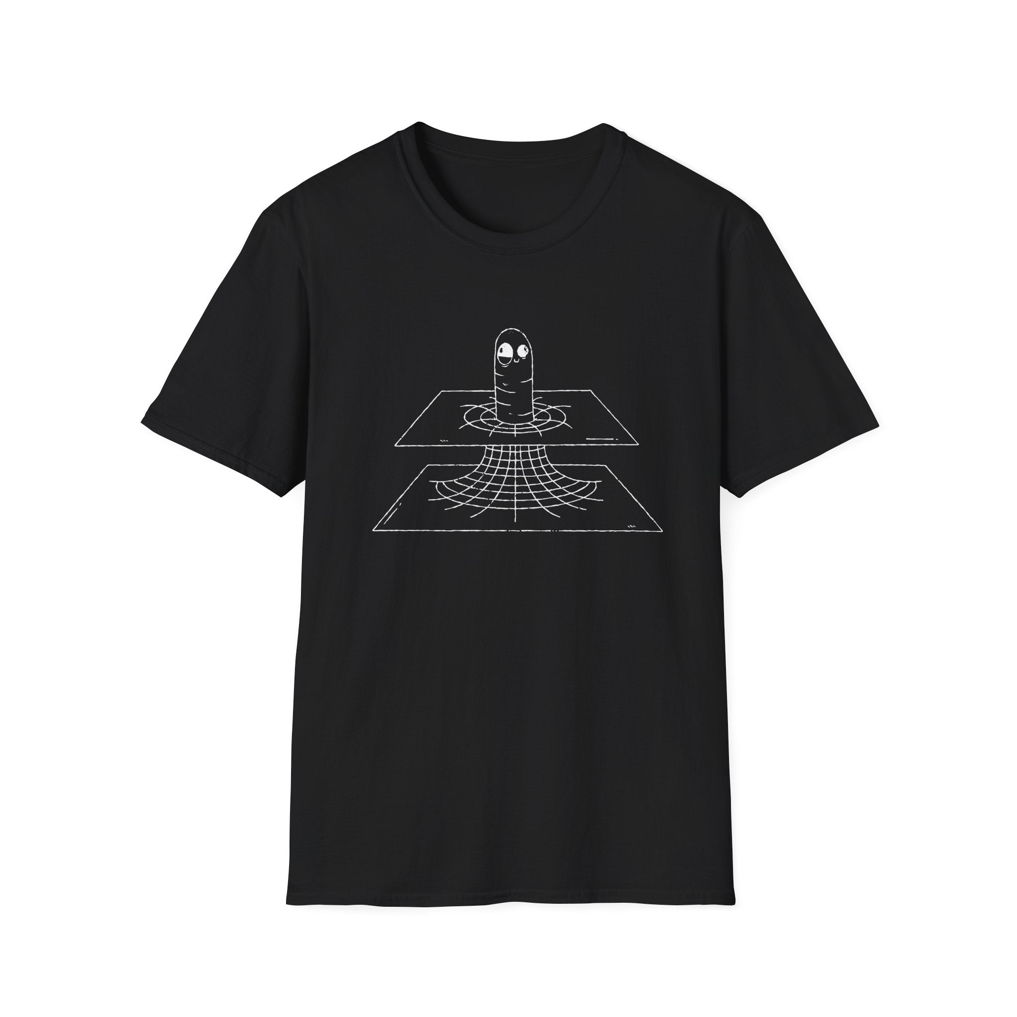 Worm Hole in Space T-Shirt: This black T-shirt showcases a white graphic of a rocket ship launching from a grid pattern, evoking the sensation of journeying through a cosmic wormhole.