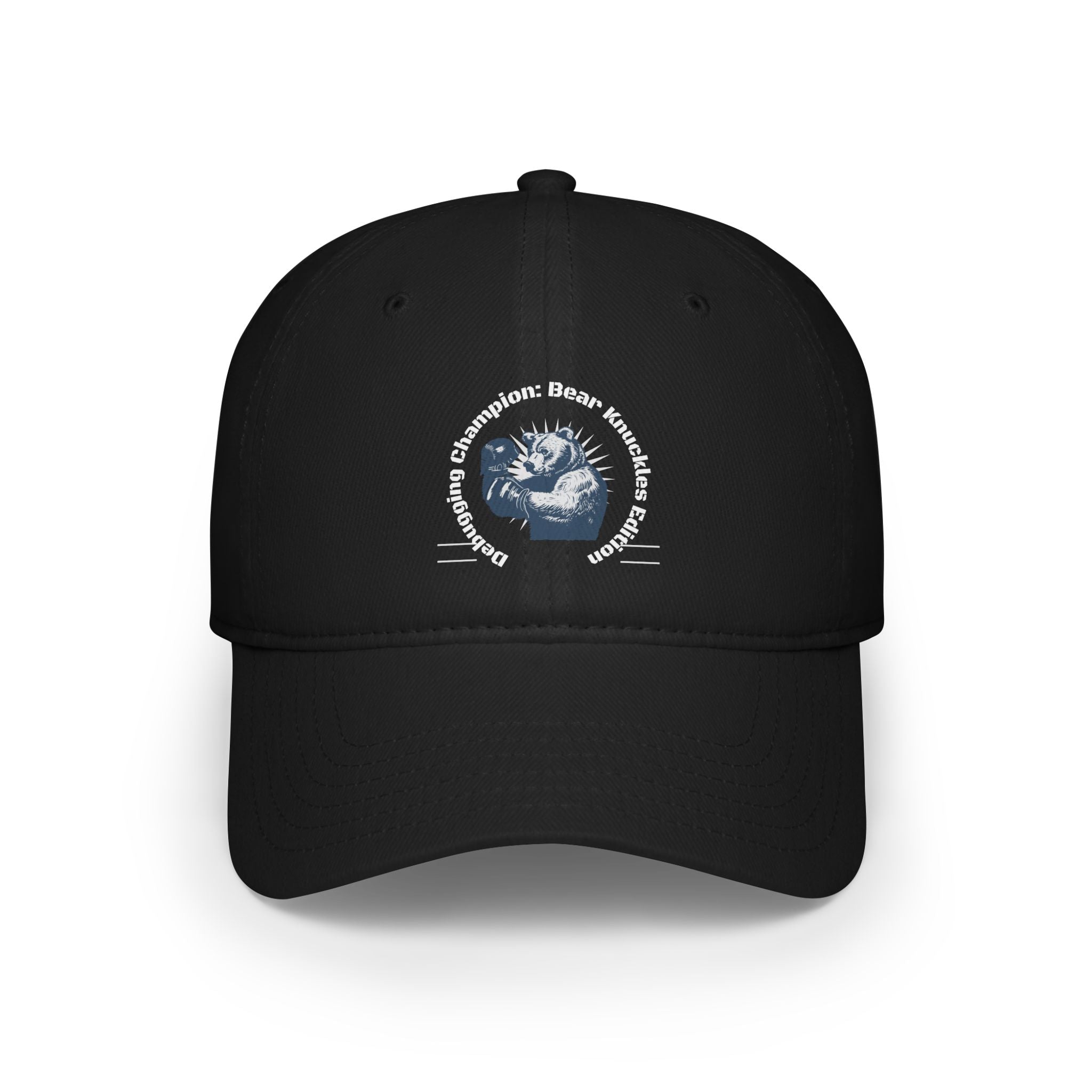 The Debugging Champion - Hat is a black baseball cap with reinforced stitching, featuring a circular logo on the front that reads "Debugging Champion: Bear Knuckles Edition" surrounding an image of a bear, perfect for showcasing your coder prowess.