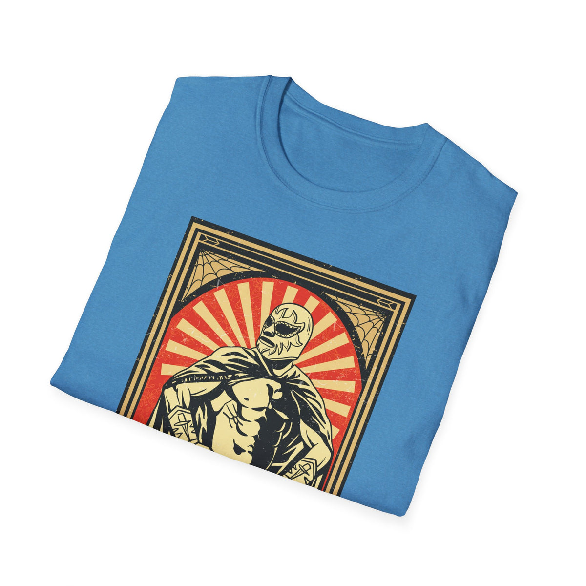 'Mexican Wrestler' retro poster print folded on heather sapphire t-shirt, funny lucha libre gift idea