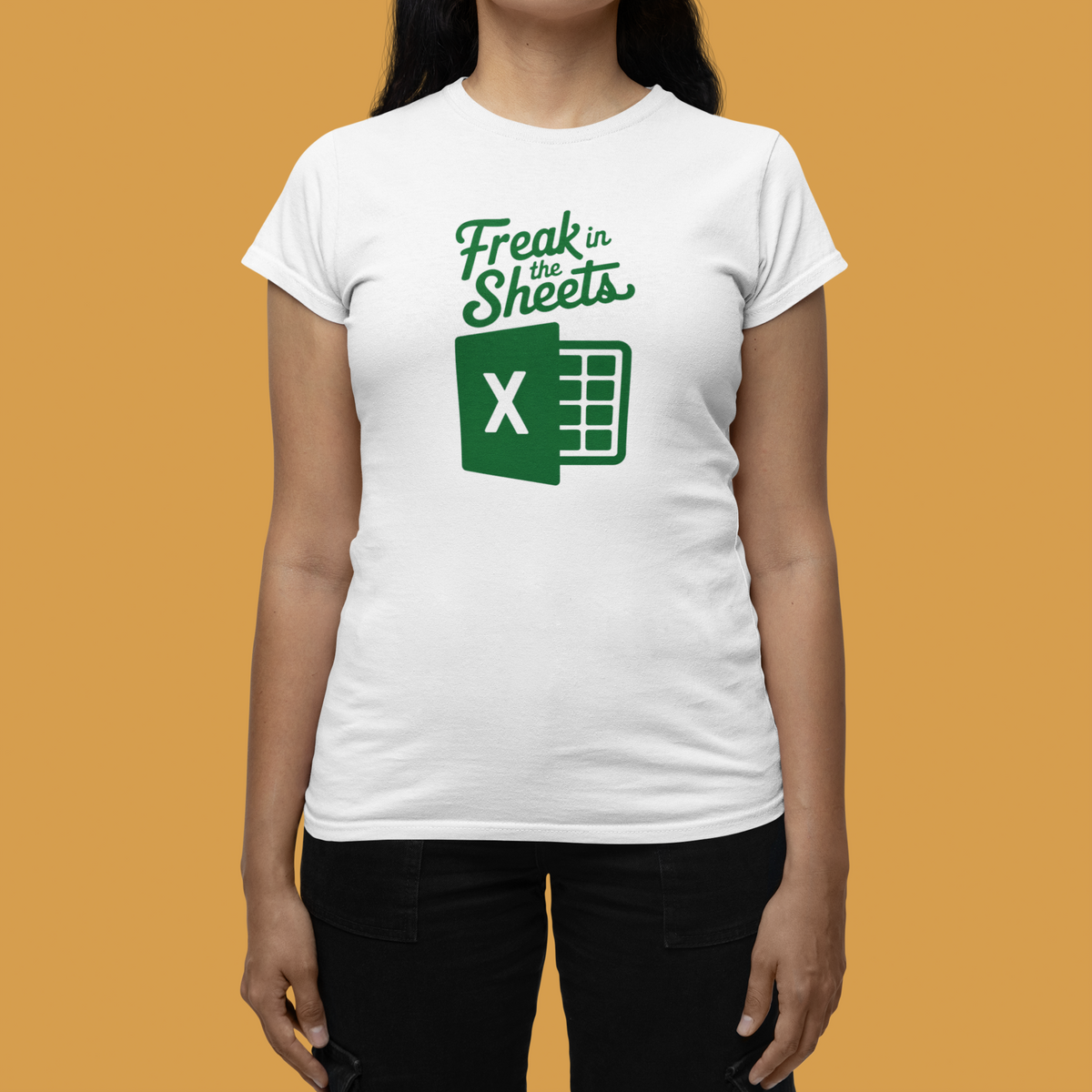 'Freak In The Sheets' womens tee in white with Excel icon print, woman wearing it, funny Excel lover gift