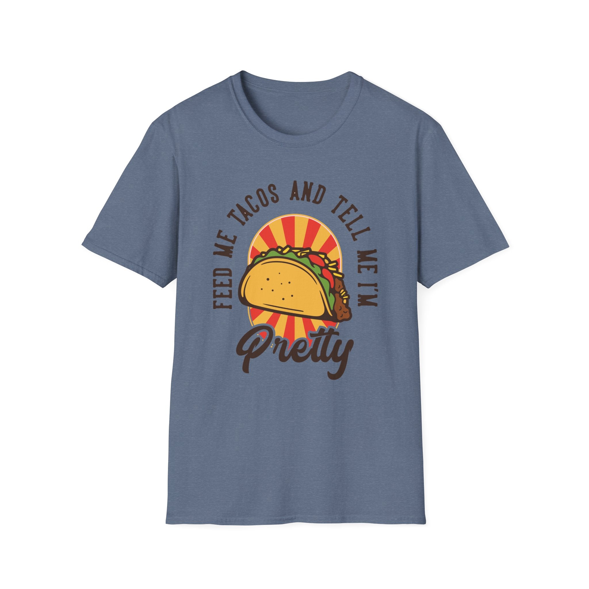 The "Feed Me Tacos and Tell Me I'm Pretty" blue taco t-shirt showcases a whimsical taco design with the phrase: "Feed me tacos and tell me I'm pretty." It's an ideal choice for taco enthusiasts who enjoy stylish Taco Tuesdays.