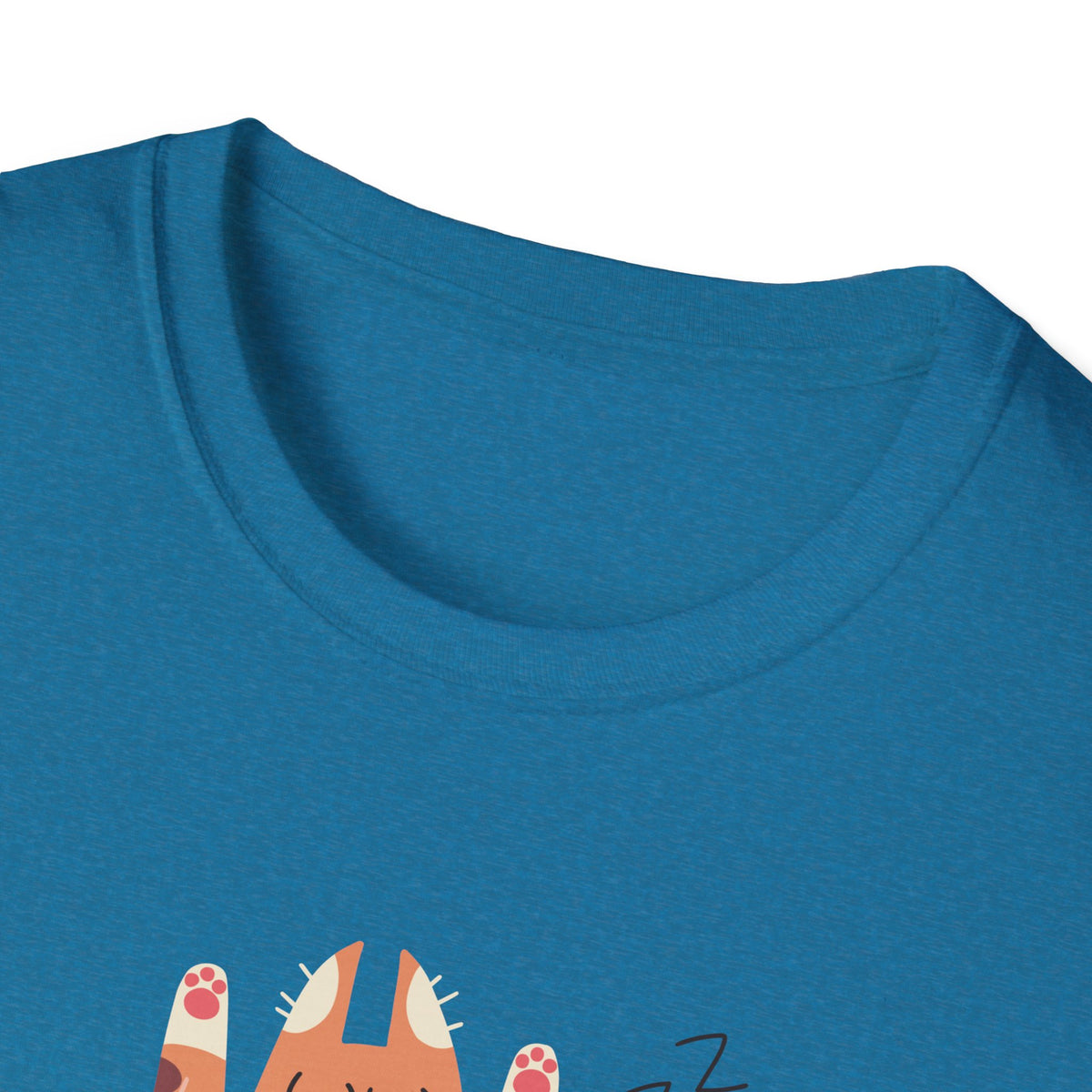 Close-up of You Make Me Go ZZZ sleepy cat print hem on teal t-shirt, funny cat lover graphic detail