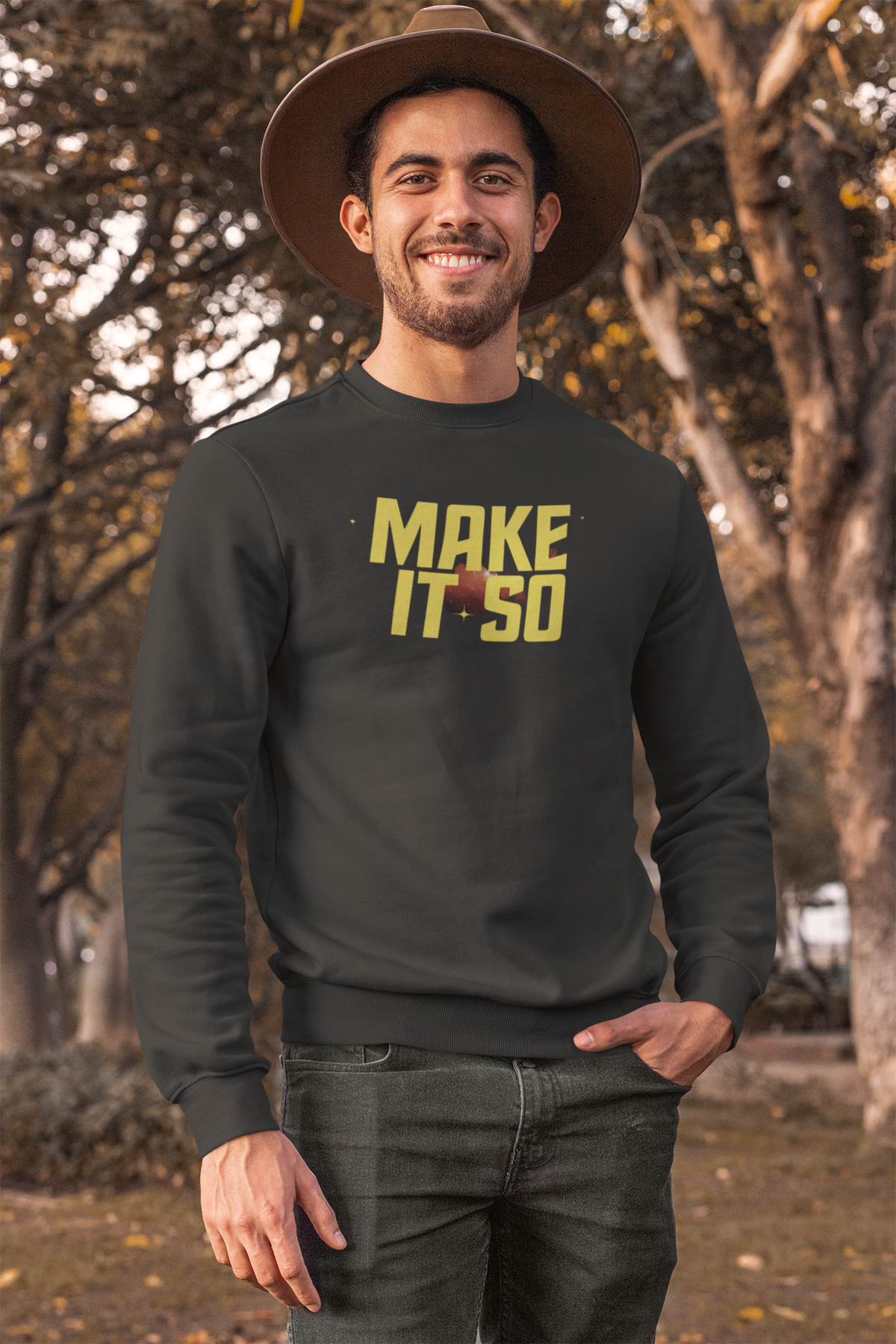 "Make It So" sweatshirt in charcoal, bearded man wearing it outdoors, funny Star Trek gift