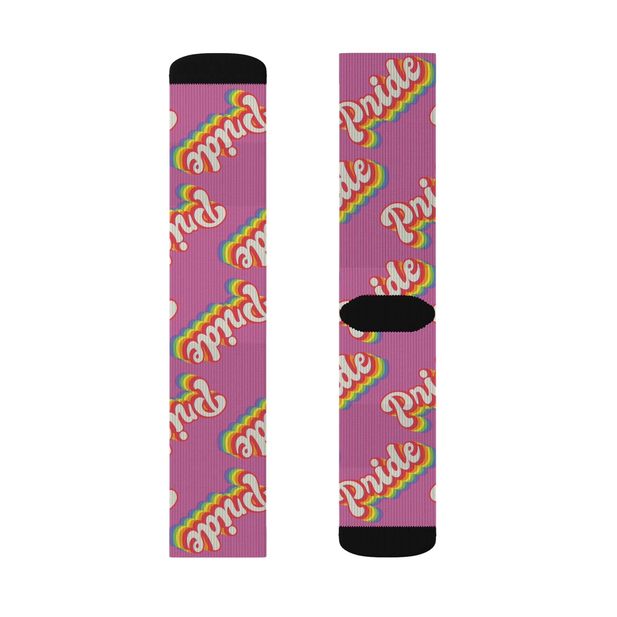 The Pride Socks showcase two pink sublimated print designs featuring a repeating "Pride" text in rainbow colors, complete with black toe and heel sections and cushioned bottoms for extra comfort.