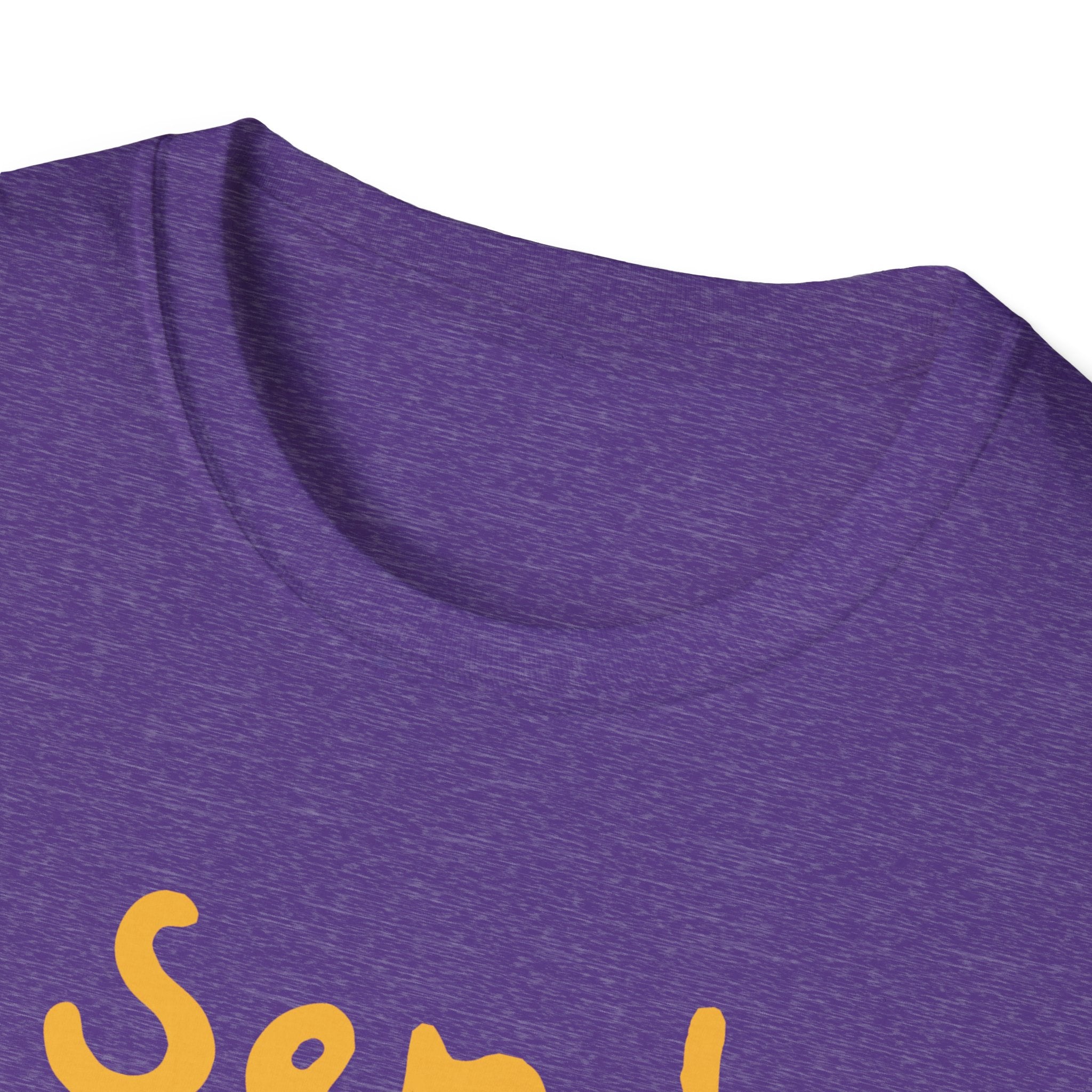 A close-up of a purple "Send Noods T-Shirt" emphasizes the stylish fit and features the beginning of the amusing phrase "Send" in bright yellow lettering.