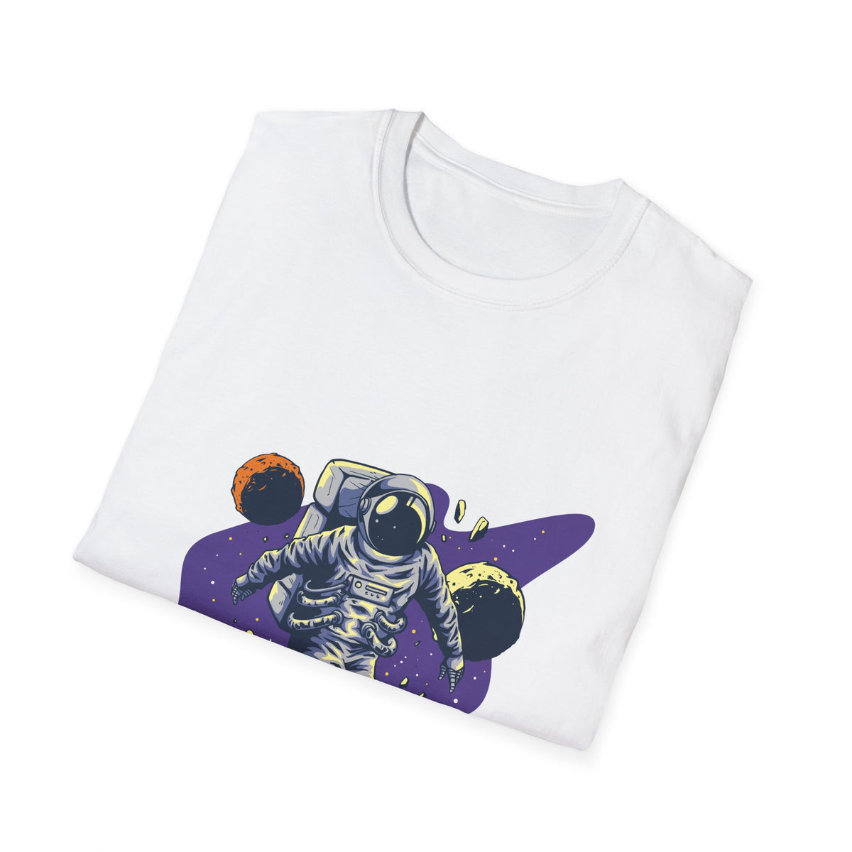 "Spacing Out" astronaut planet t-shirt in white, folded flat lay, funny gift for space lovers