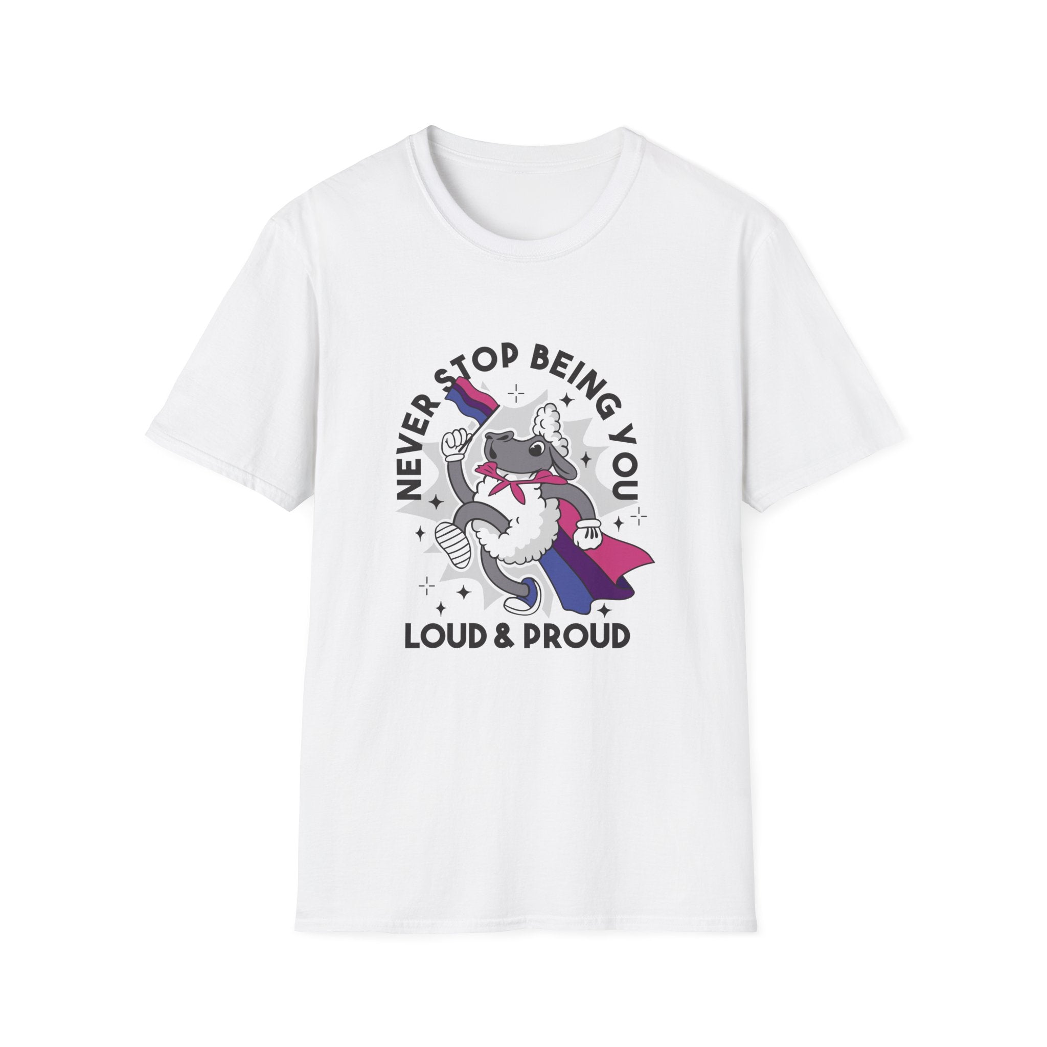 The "Never Stop Being You" T-Shirt showcases a cartoon unicorn with a rainbow flag, topped with the phrase "Never Stop Being You" and finished with "Loud & Proud," perfect for fans of nerd culture who love to embrace their true selves.