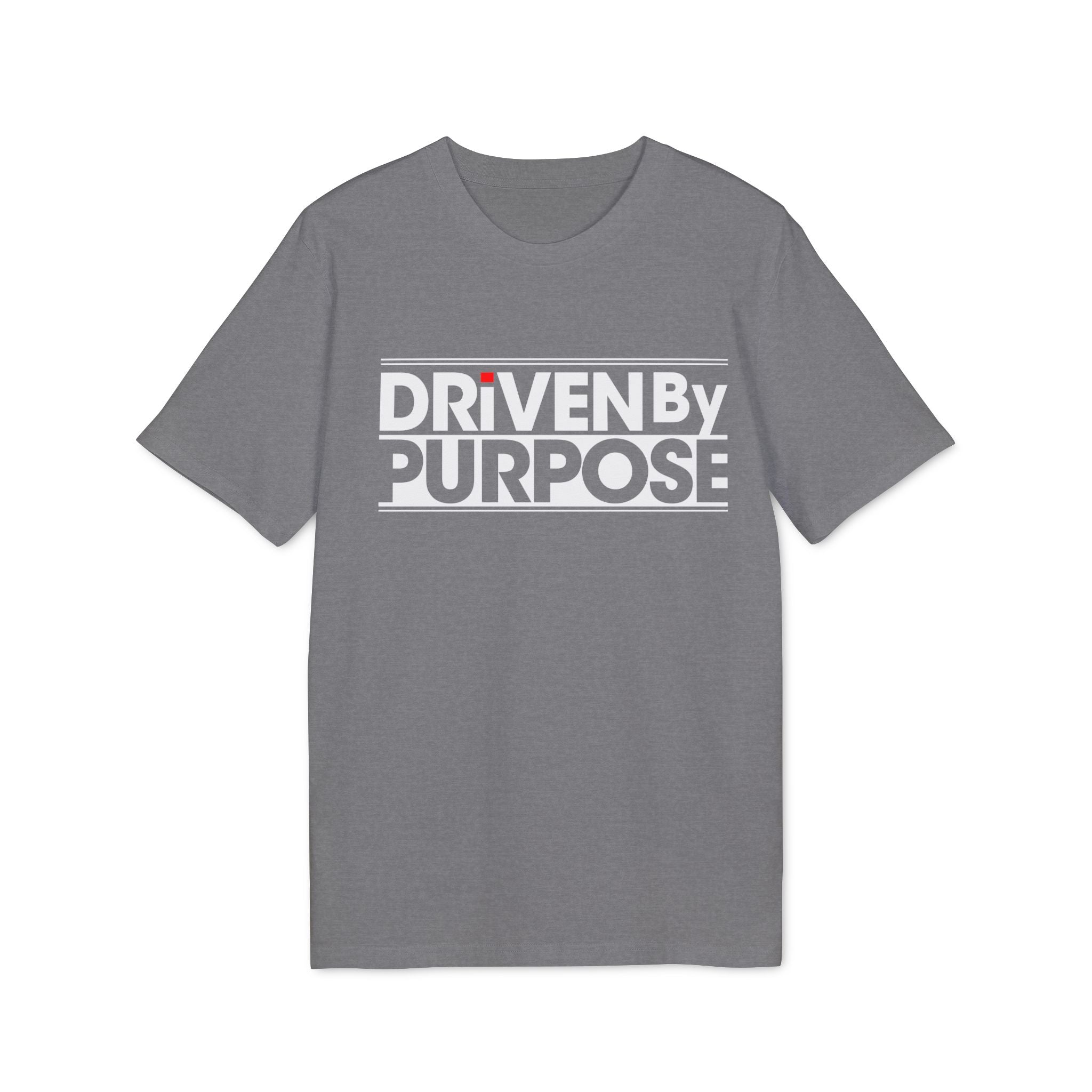 The Driven by purpose - Organic T-Shirt is a gray, eco-friendly tee featuring bold "DRIVEN BY PURPOSE" in white and a red dot above the "I"—ideal for programmers seeking sustainable style.