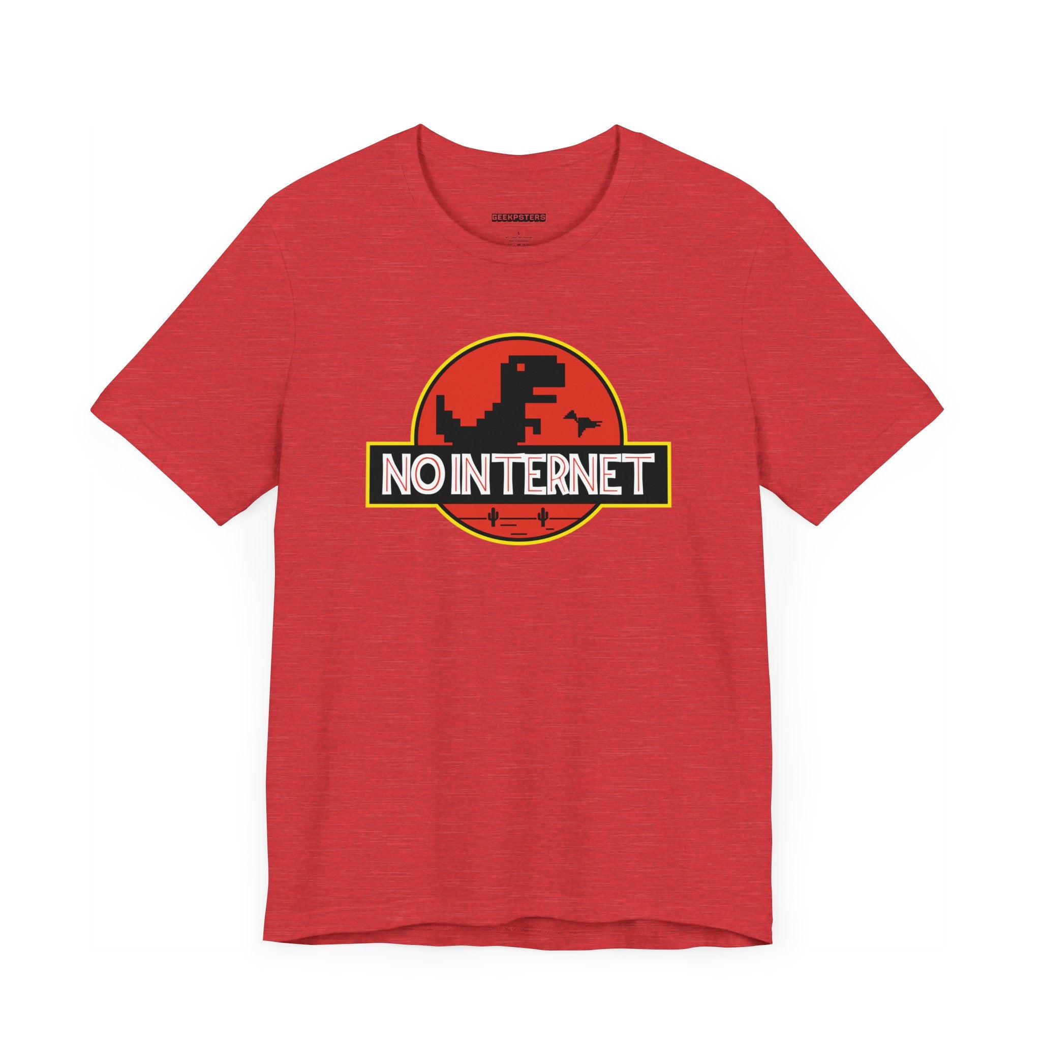 Red "No Internet" T-shirt with a dinosaur graphic, ideal for tech enthusiasts who appreciate digital independence.