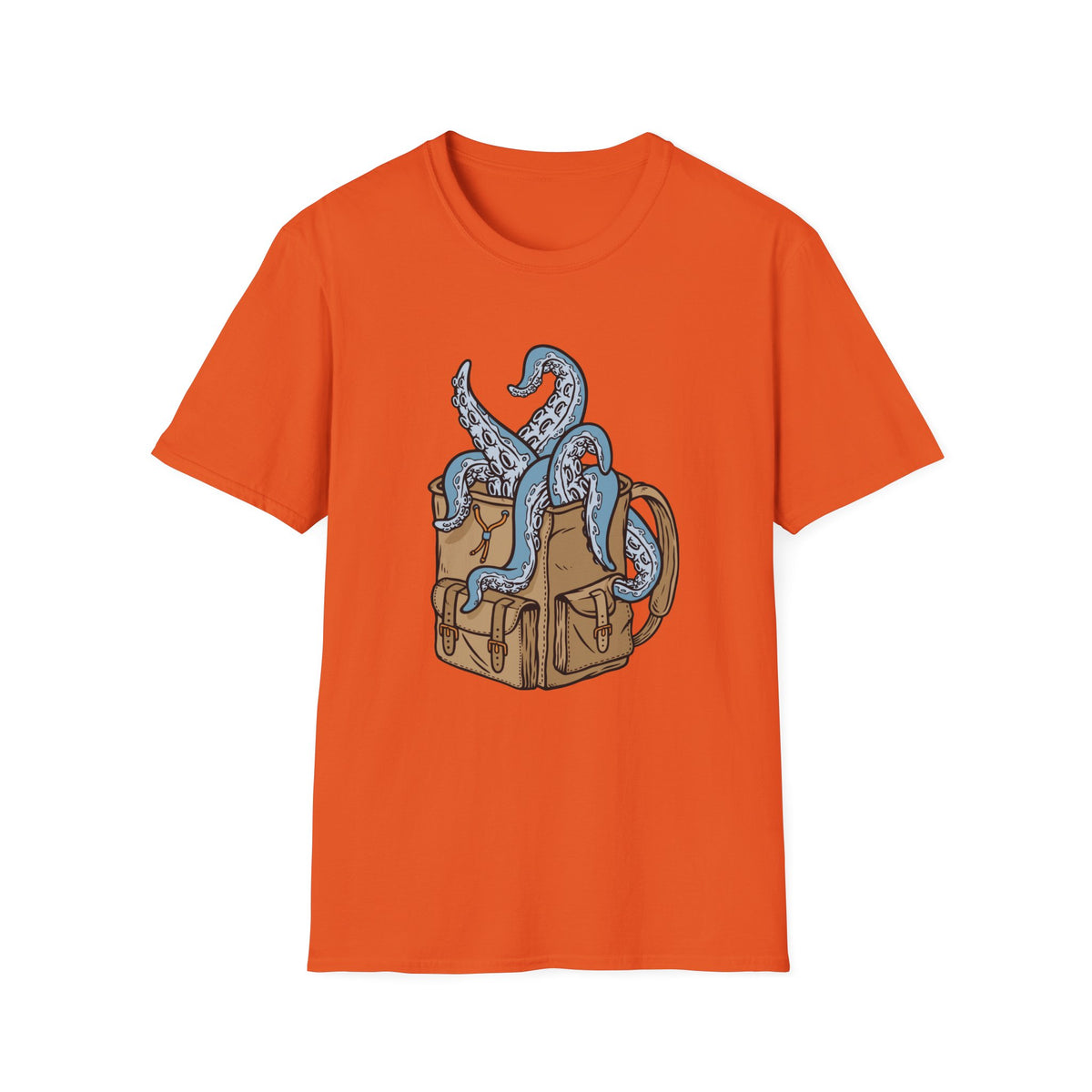 'Octopus Comes Out of the Bag' t-shirt in orange, flat lay front, funny gift for backpackers and campers