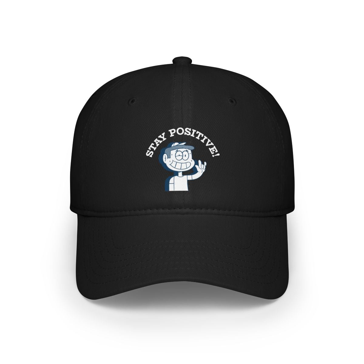 The "Stay Positive - Hat" is a black baseball cap with a cartoon superhero giving a hand gesture and the phrase "STAY POSITIVE!" above—ideal for nerd culture fans.