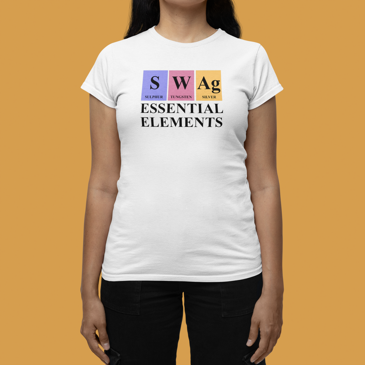 'SWAg, Essential Elements' periodic table women's tee in white, woman modeling it on orange background, funny gift